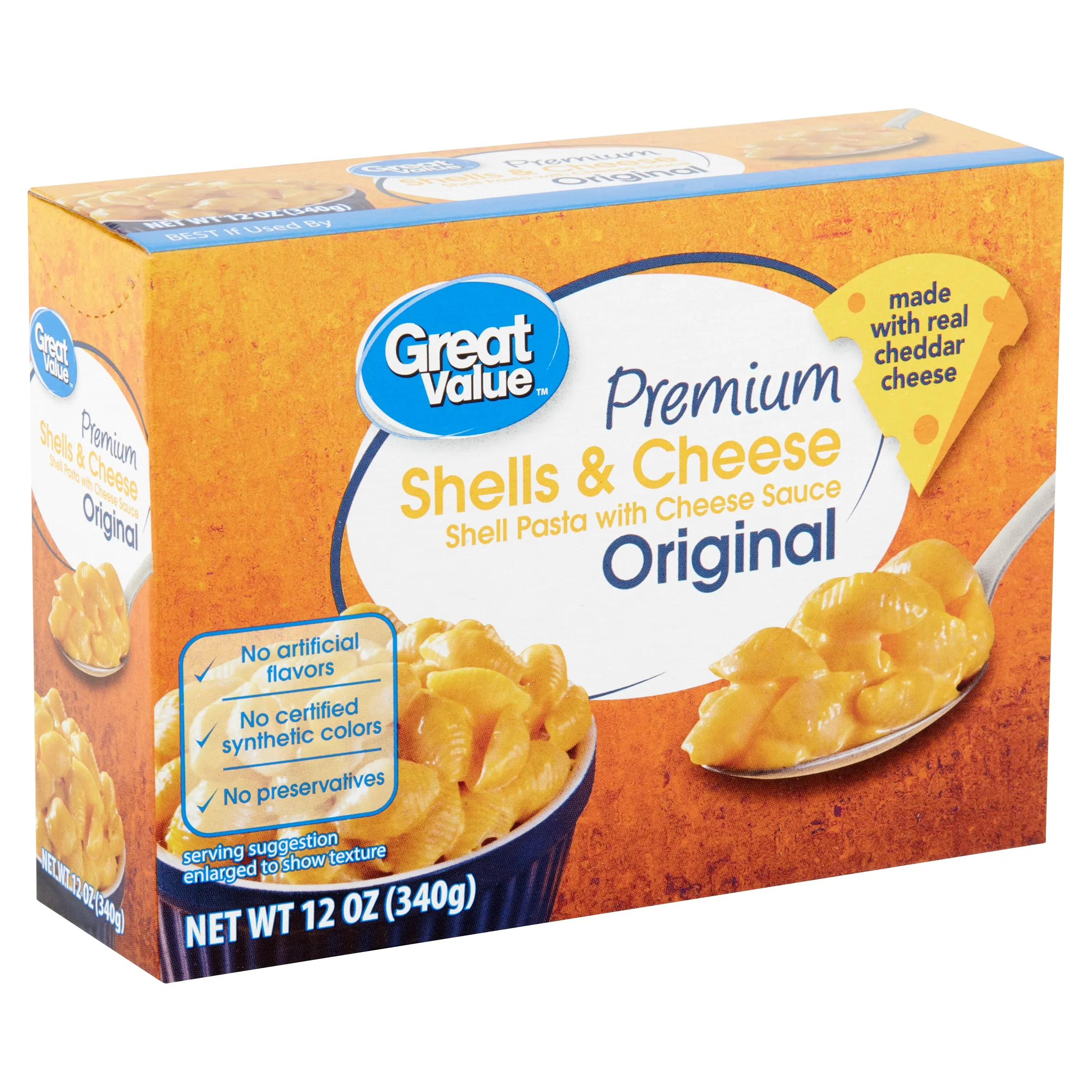 Great Value Premium Original Shells & Cheese, 12 oz Box (Shelf Stable Packaged Meals)