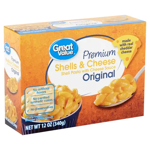 Great Value Premium Original Shells & Cheese, 12 oz Box (Shelf Stable Packaged Meals)