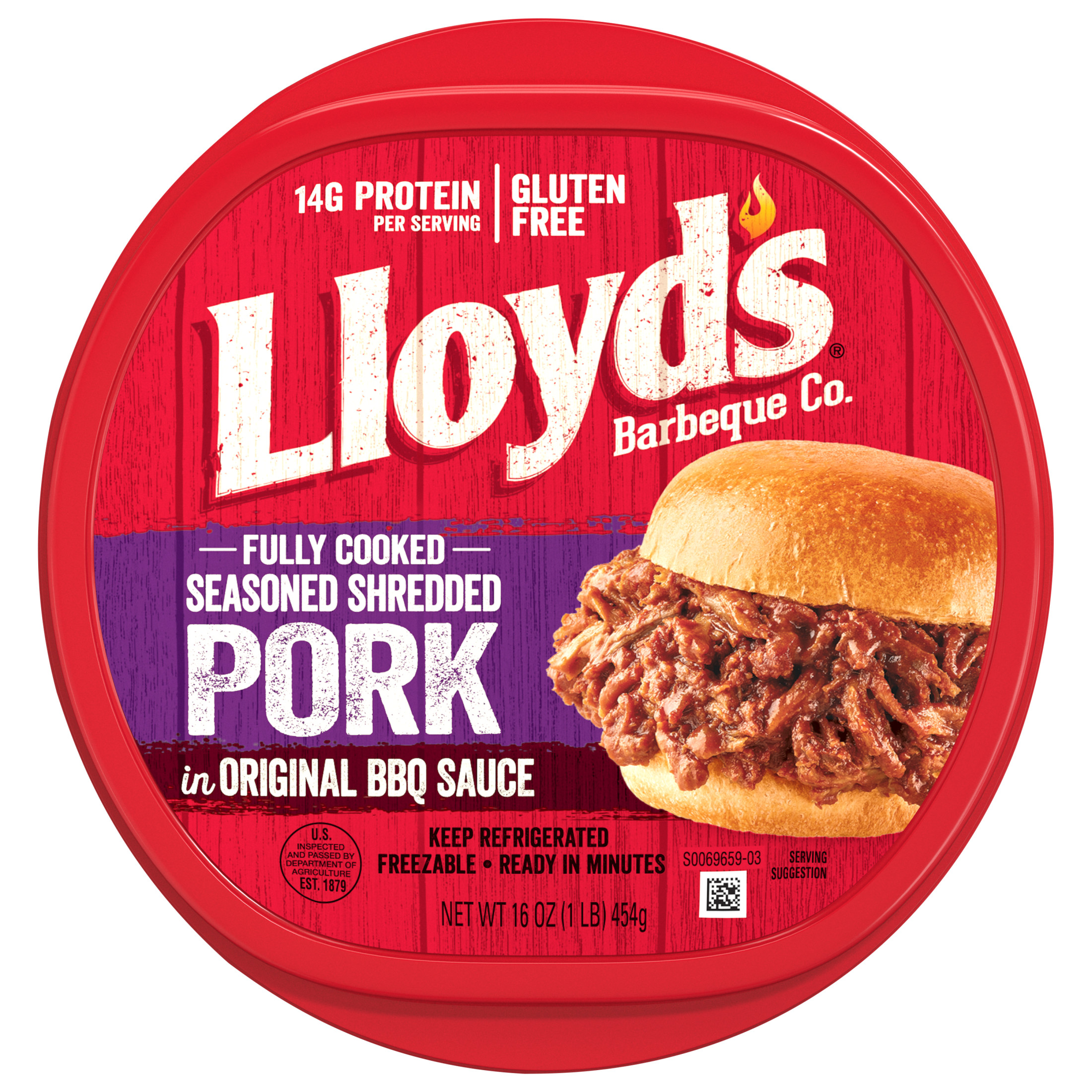 LLOYD'S Seasoned Shredded Pork, Regular, Refrigerated, 16 oz Plastic Tub