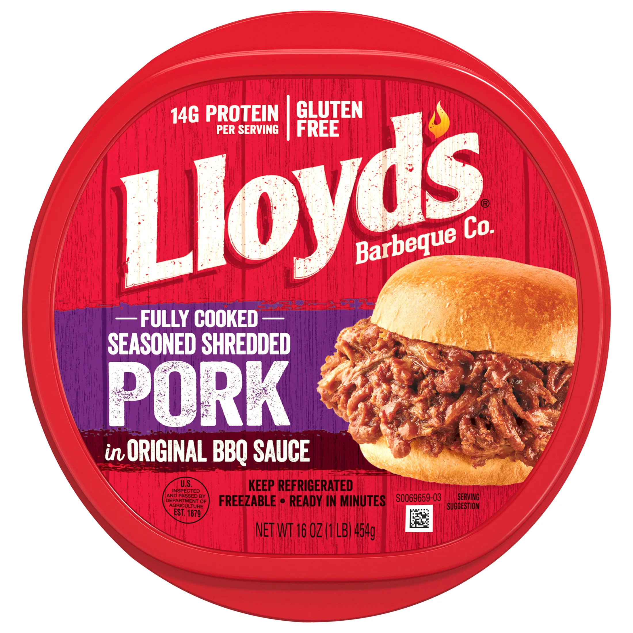 LLOYD'S Seasoned Shredded Pork, Regular, Refrigerated, 16 oz Plastic Tub