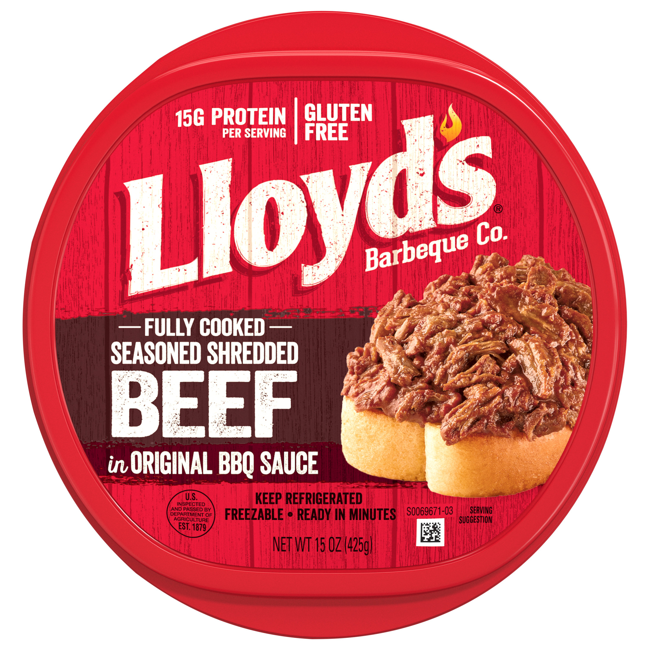 LLOYD'S Seasoned and Shredded Beef in Original BBQ Sauce, 15 grams Protein Per Serving, Refrigerated, 15 oz Plastic Tub