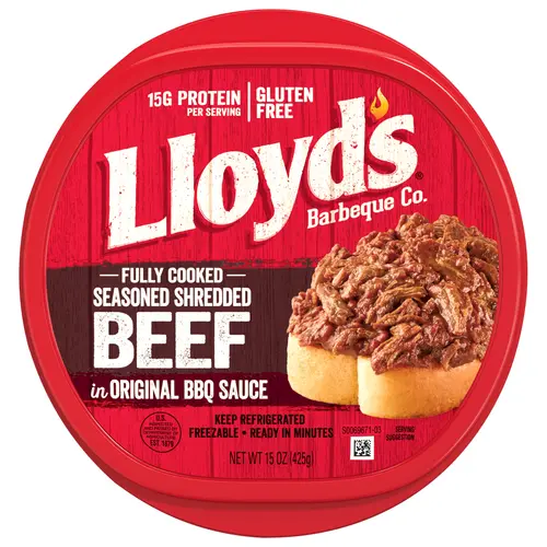 LLOYD'S Seasoned and Shredded Beef in Original BBQ Sauce, 15 grams Protein Per Serving, Refrigerated, 15 oz Plastic Tub