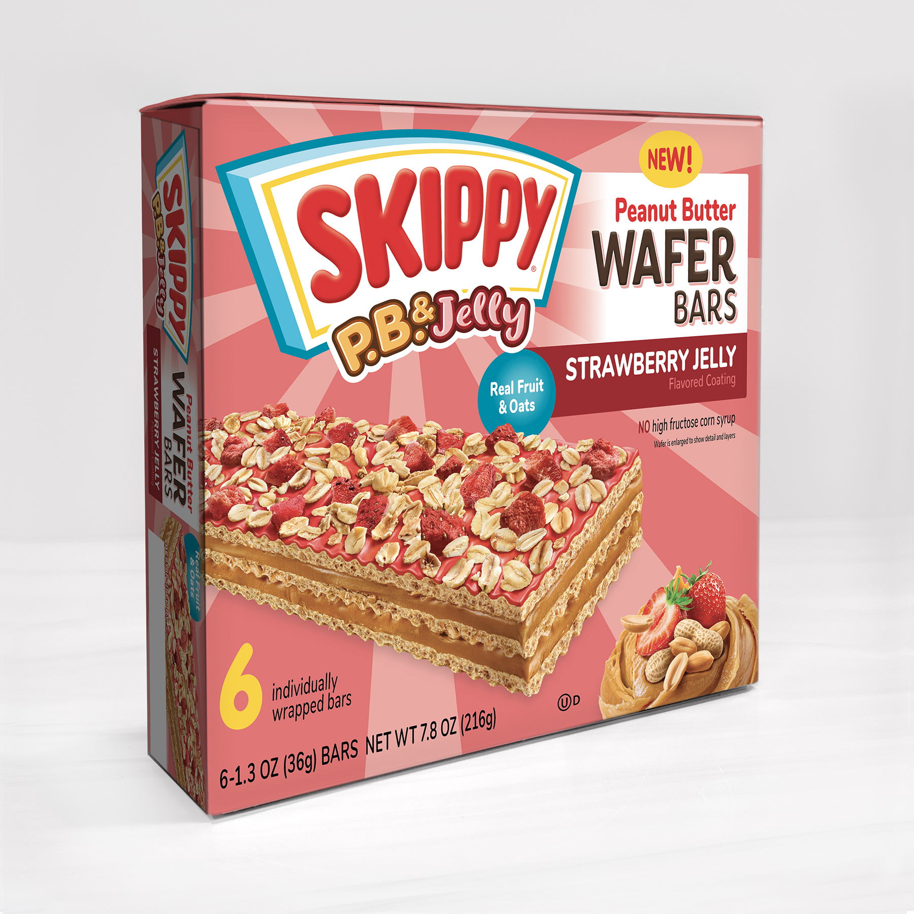 SKIPPY P.B. & Jelly Strawberry Jelly-Coating & Peanut Butter Wafer bars - 6 Individually Wrapped Snack Bars - 1.3 Oz (36
