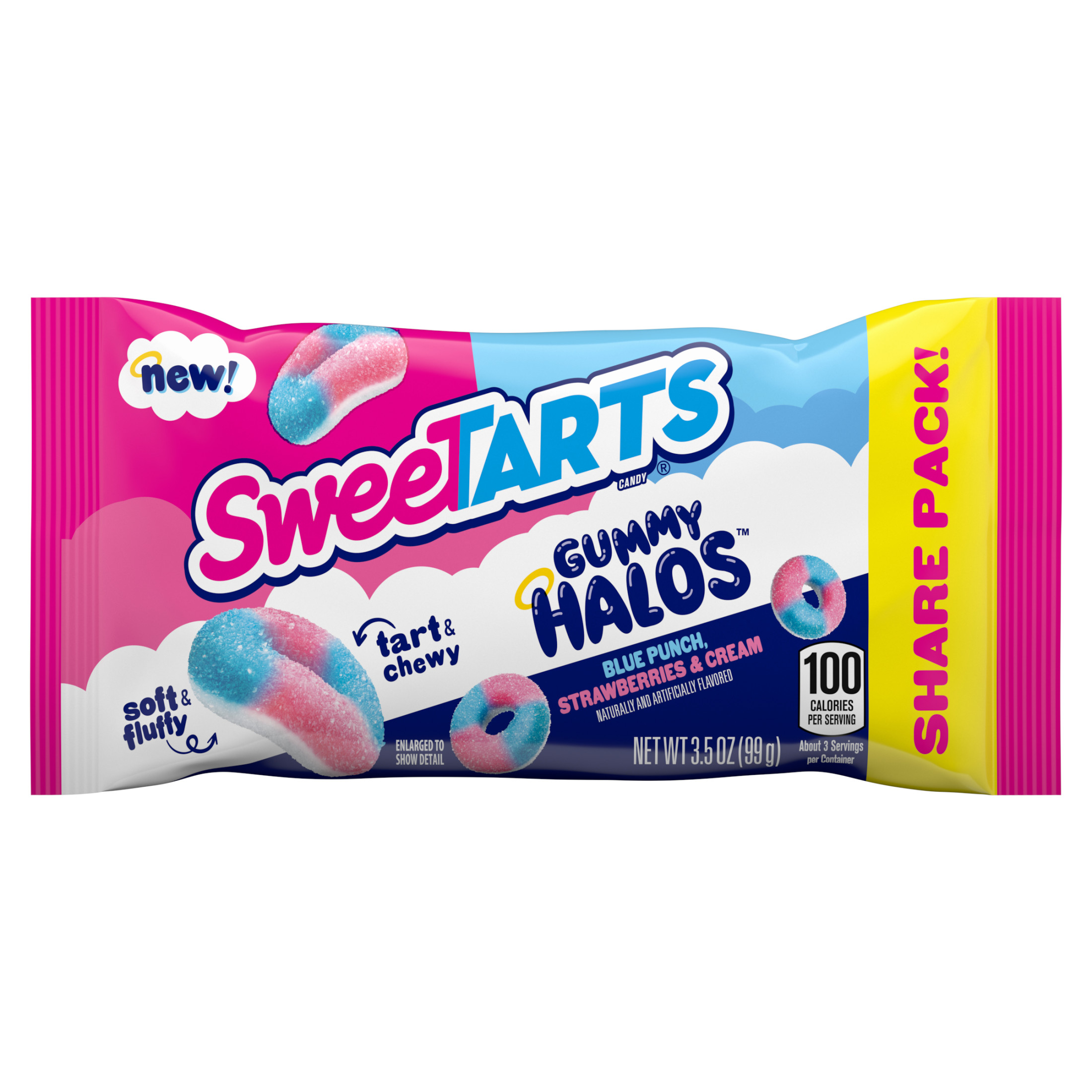 SweeTARTS Gummy Halos, Candy, Blue Punch and Strawberries and Cream, Tart and Chewy, Soft and Fluffy, 3.5 oz