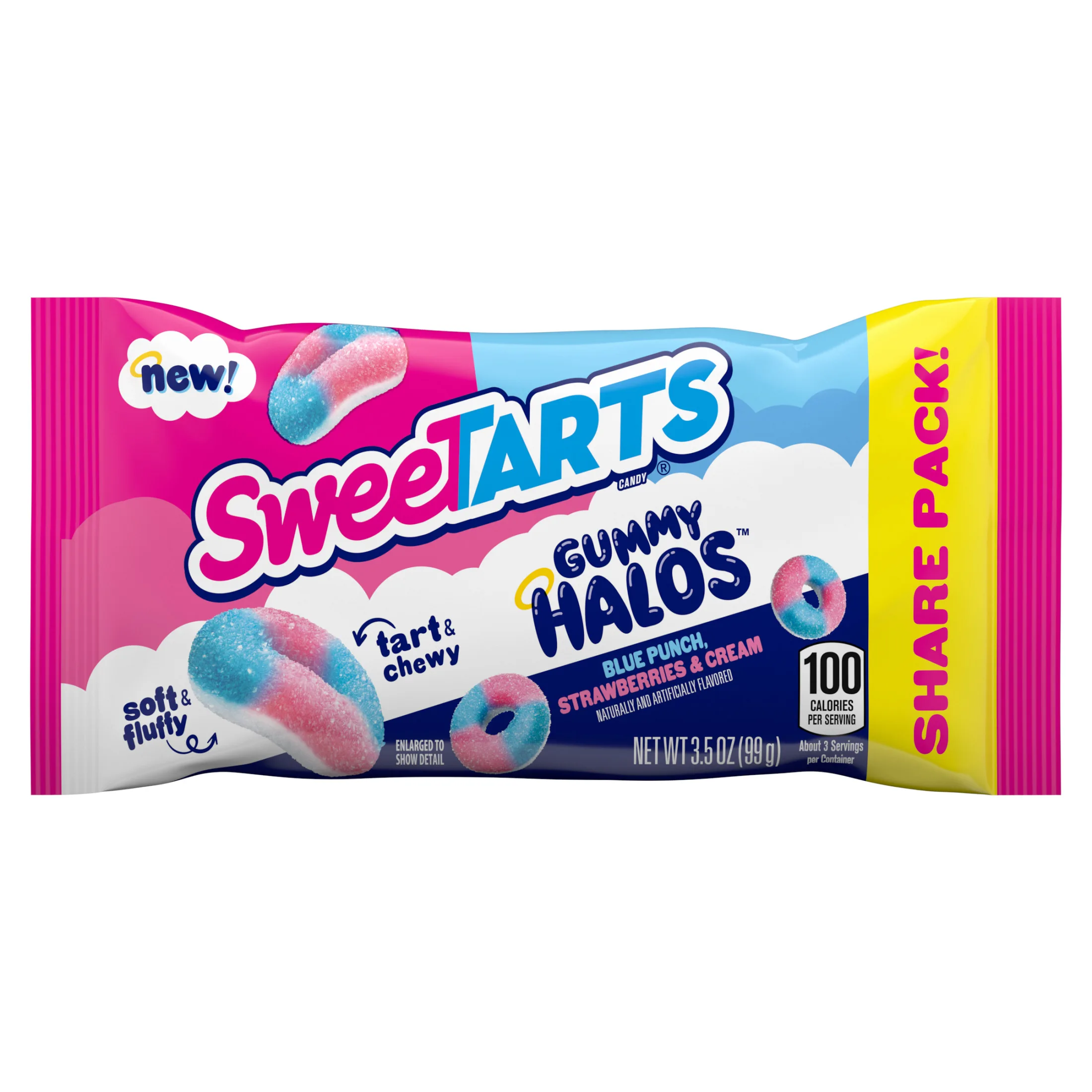 SweeTARTS Gummy Halos, Candy, Blue Punch and Strawberries and Cream, Tart and Chewy, Soft and Fluffy, 3.5 oz