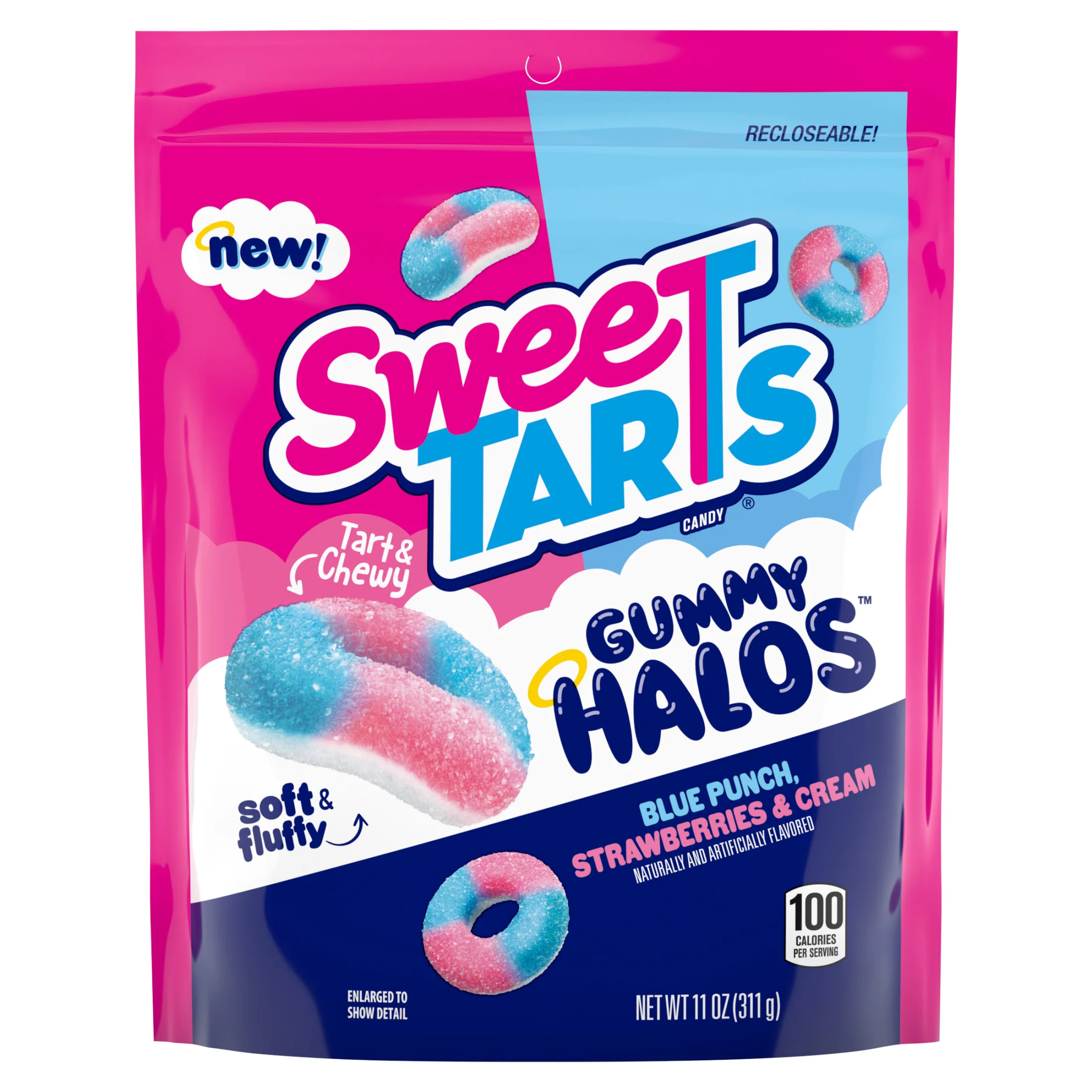 SweeTARTS Gummy Halos, Candy, Blue Punch and Strawberries and Cream, Tart and Chewy, Soft and Fluffy, 11 oz
