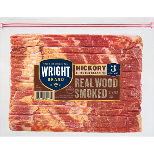 Wright Brand Hickory Real Wood Smoked Thick Cut Sliced Bacon, 48 oz