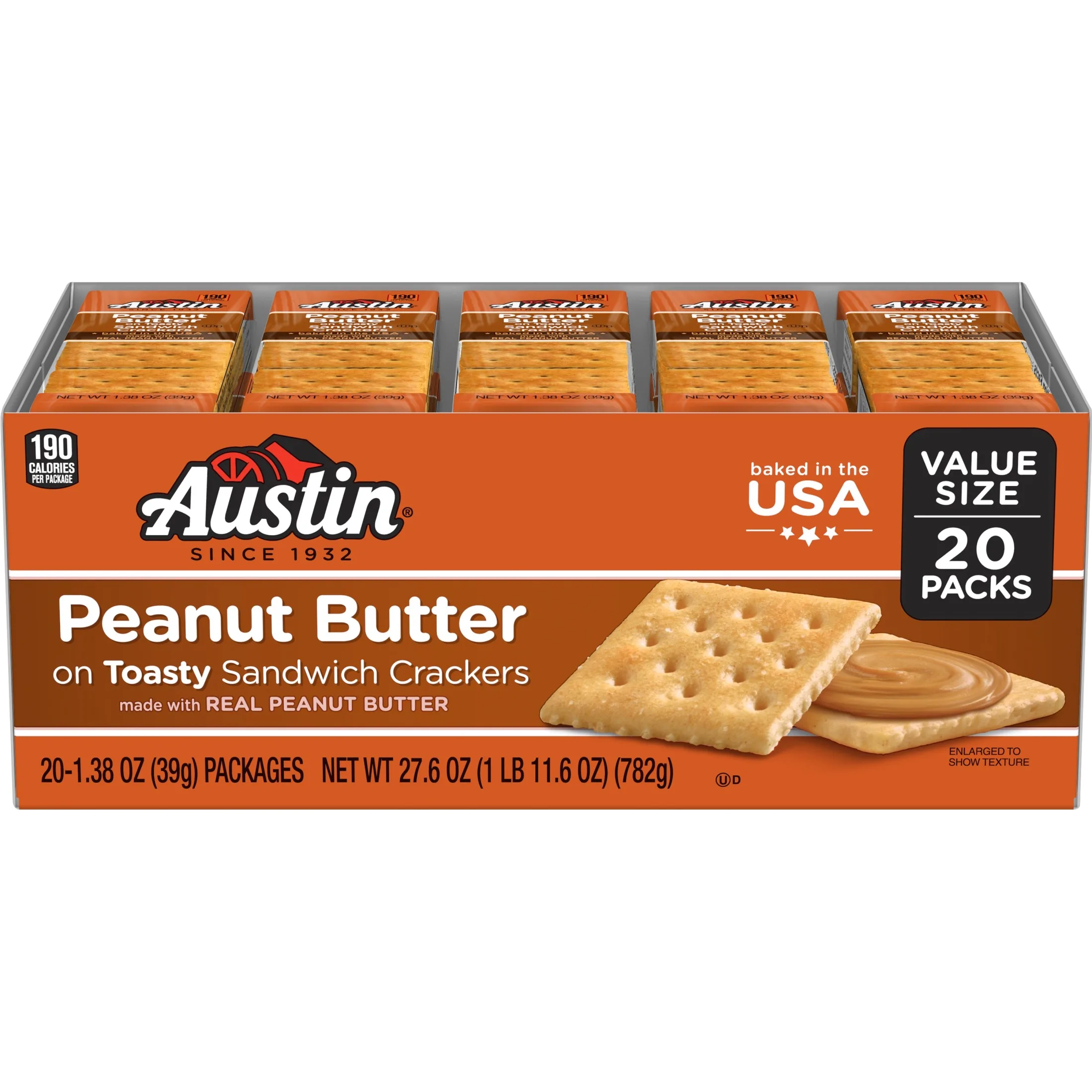 Austin Peanut Butter on Toasty Sandwich Crackers, Single Serve Snack Crackers, 20 Count