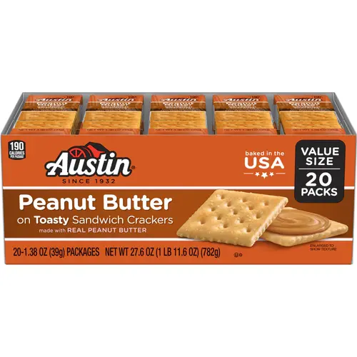 Austin Peanut Butter on Toasty Sandwich Crackers, Single Serve Snack Crackers, 20 Count