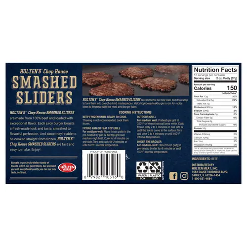 Holten's Chop House 100% Beef Smashed Sliders Burgers, 12 Count, 2oz Smash Patties, 1.5lb (Frozen) thumbnail 2