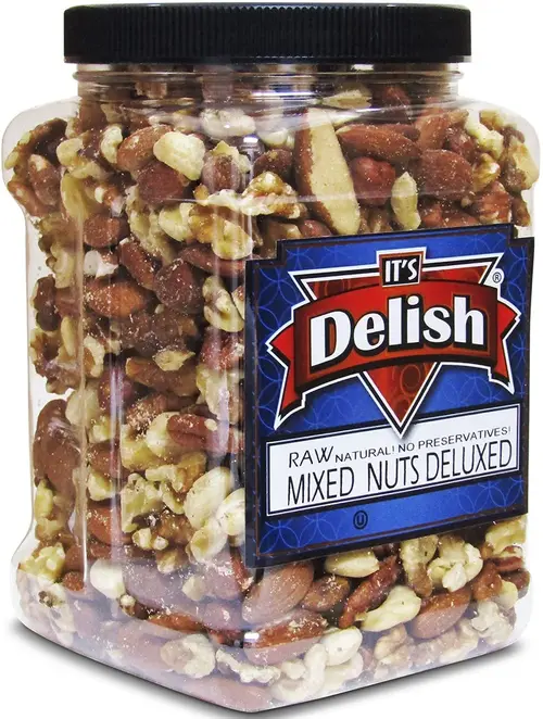 Deluxe Raw Mixed Nuts with No Peanuts by Its Delish, Bulk 2 lbs Jumbo Reusable Container  Premium Raw Unsalted Nut Mix Without P