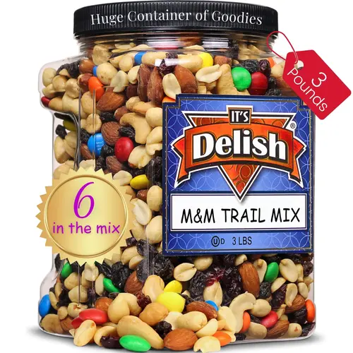 M&M's Classic Trail Mix by It's Delish, 3 lb Reusable Container  Gourmet Chocolate M and M Trail Mix with Dried Fruit and Nu