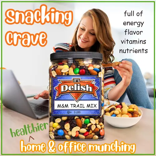 M&M's Classic Trail Mix by It's Delish, 3 lb Reusable Container  Gourmet Chocolate M and M Trail Mix with Dried Fruit and Nu thumbnail 4
