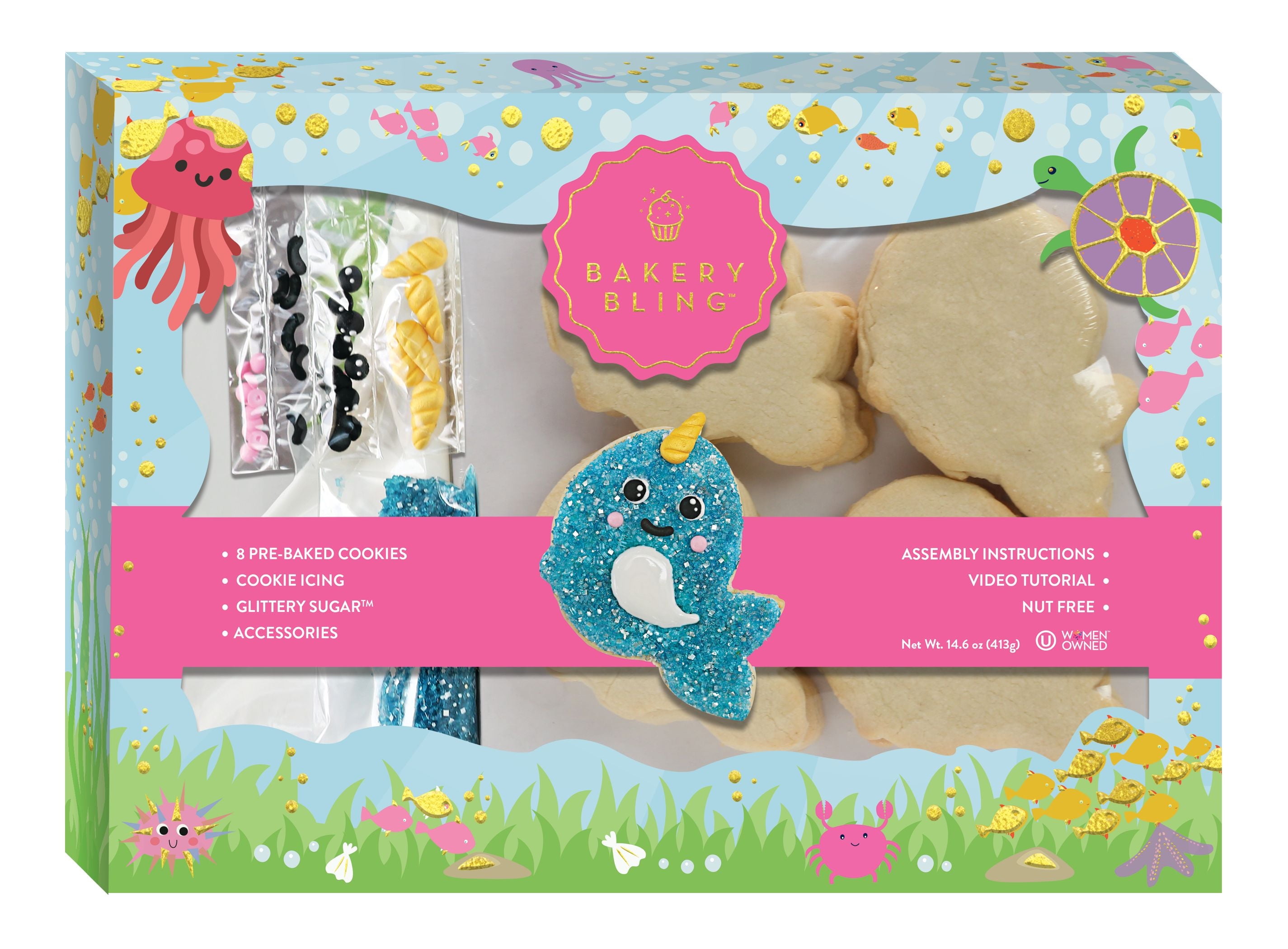 Bakery Bling Narwhal Designer Cookie Kit, 8 Cookies, Icing, Glittery Sugar, Candy Accessories, Nut Free