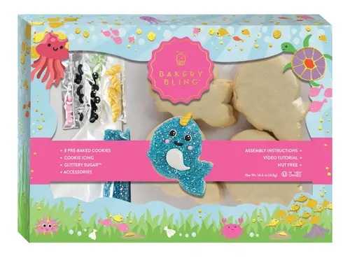 Bakery Bling Narwhal Designer Cookie Kit, 8 Cookies, Icing, Glittery Sugar, Candy Accessories, Nut Free