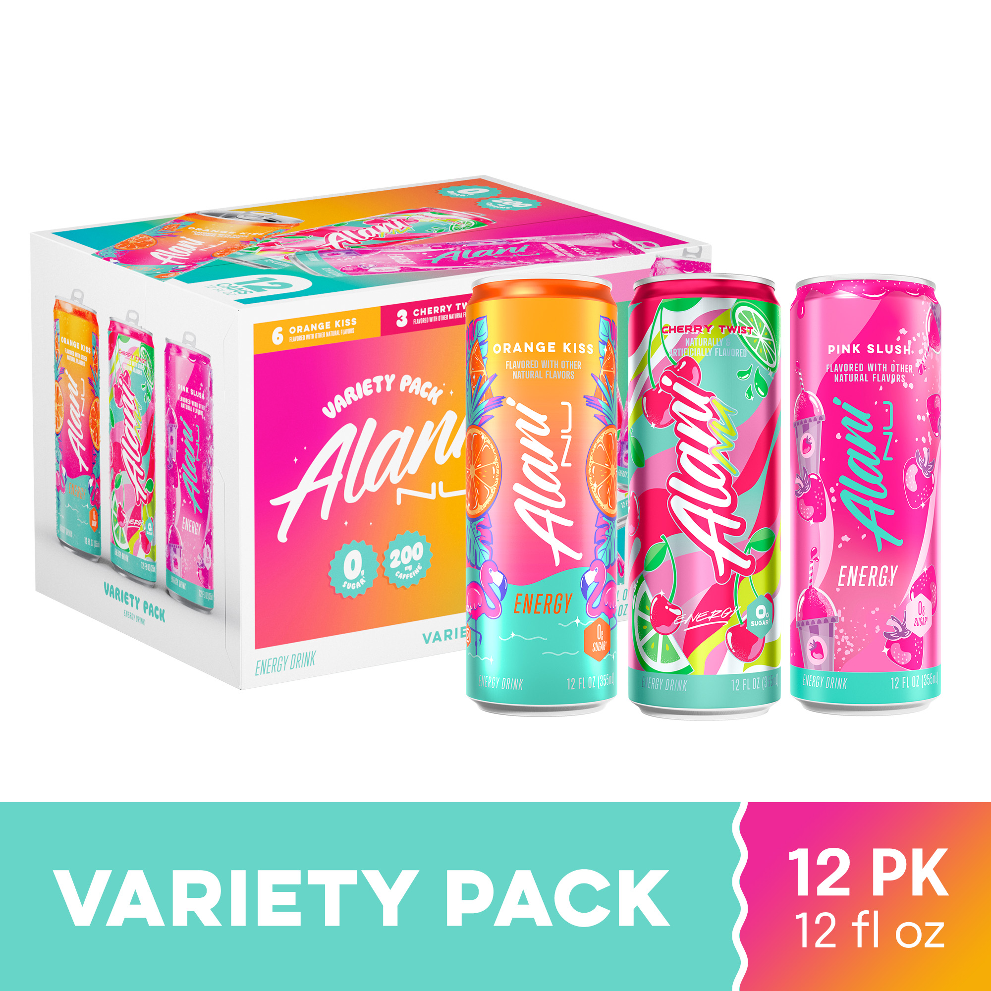 Alani Nu Sugar Free Energy Drink, Variety Pack, Pink Slush, Orange Kiss, Cherry Twist, 12 fl oz, 12 Pack, Cans, 200mg Caffeine