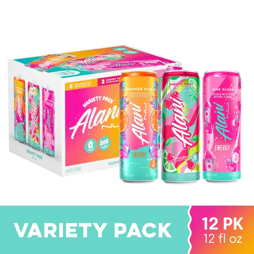 Alani Nu Sugar Free Energy Drink, Variety Pack, Pink Slush, Orange Kiss, Cherry Twist, 12 fl oz, 12 Pack, Cans, 200mg Caffeine