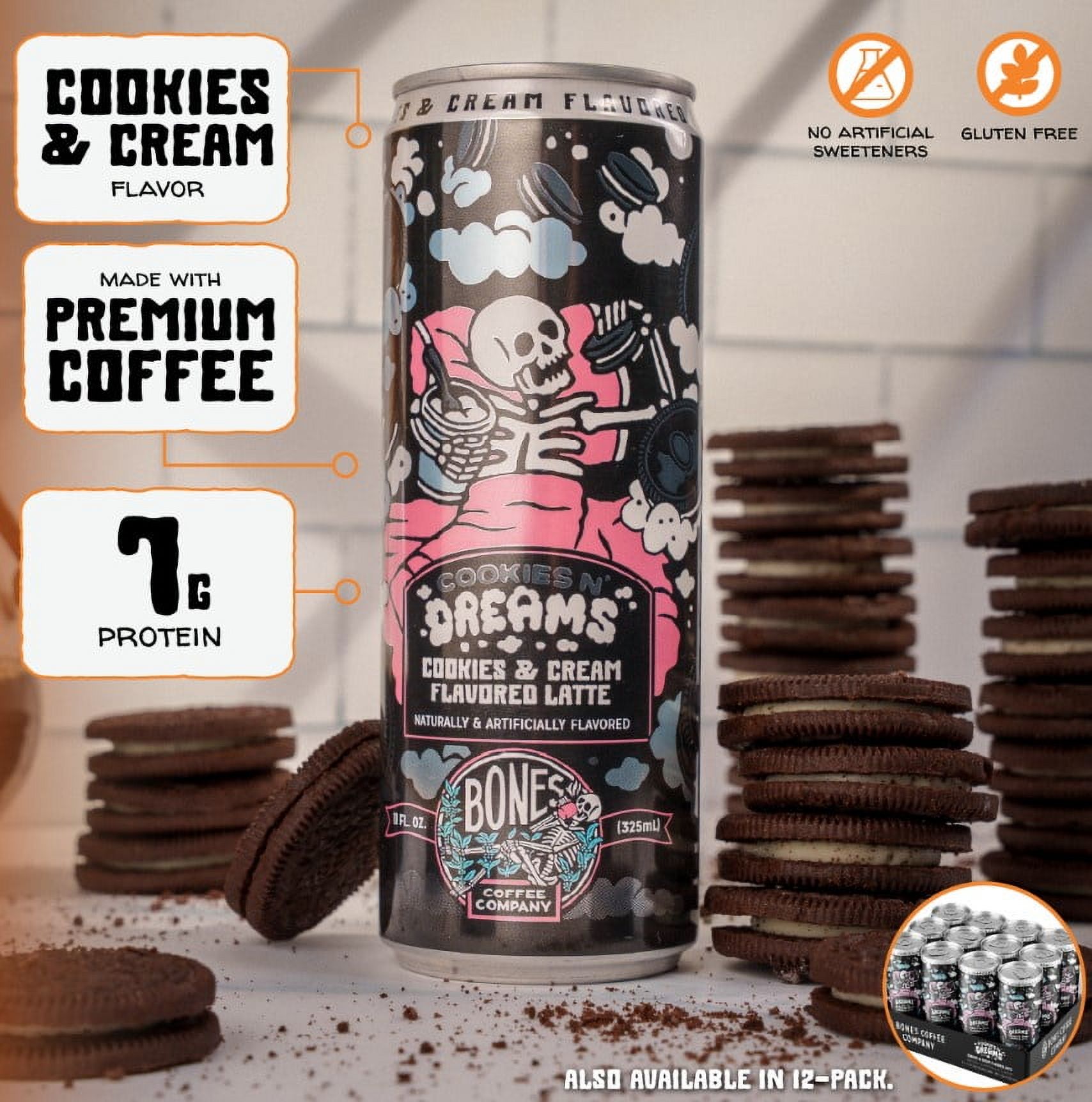 Bones Coffee Ready to Drink Coffee 11 fluid ounce Can Cookies N' Dreams Latte thumbnail 4