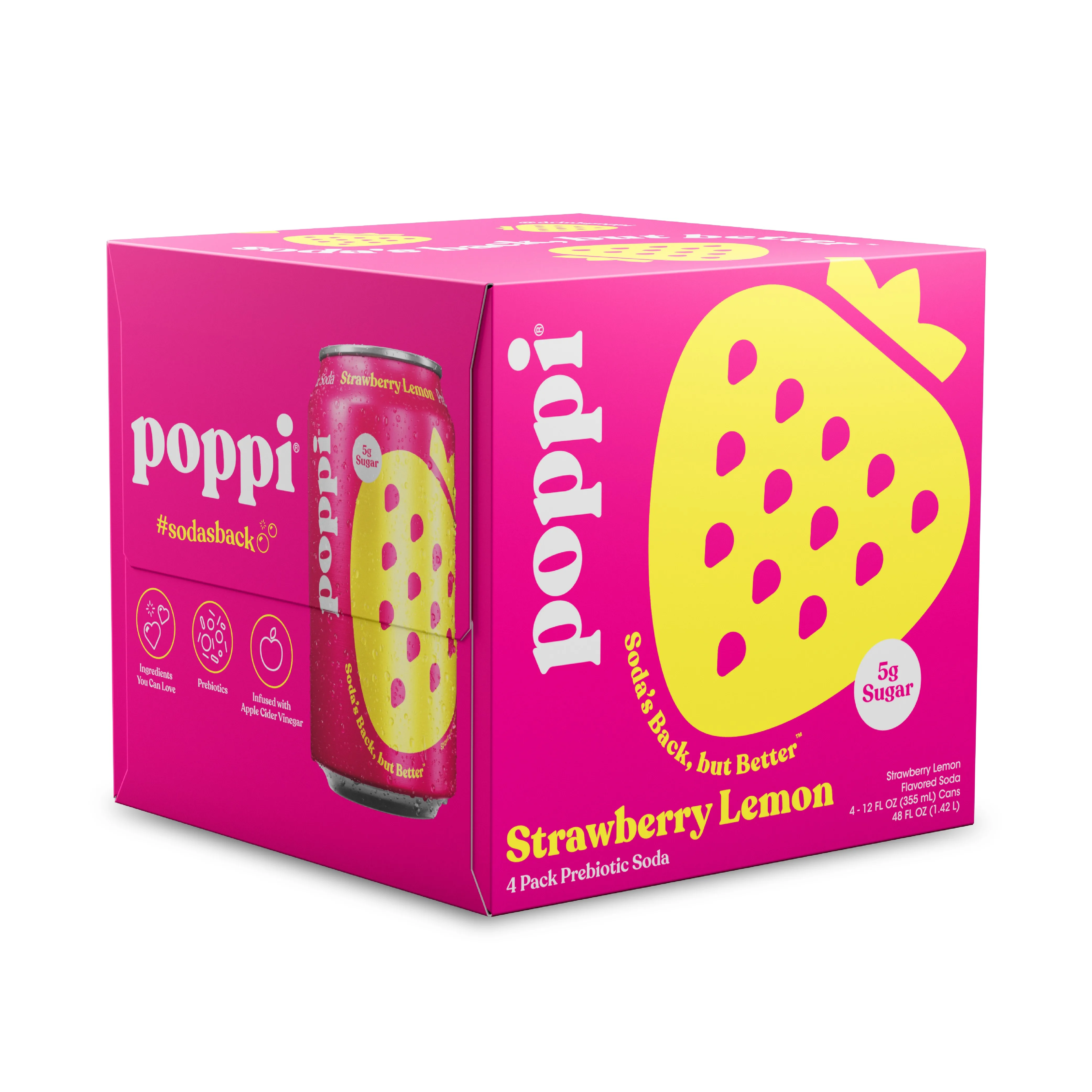 Poppi Strawberry Lemon Prebiotic Soda, 12 oz, 4 Pack Cans