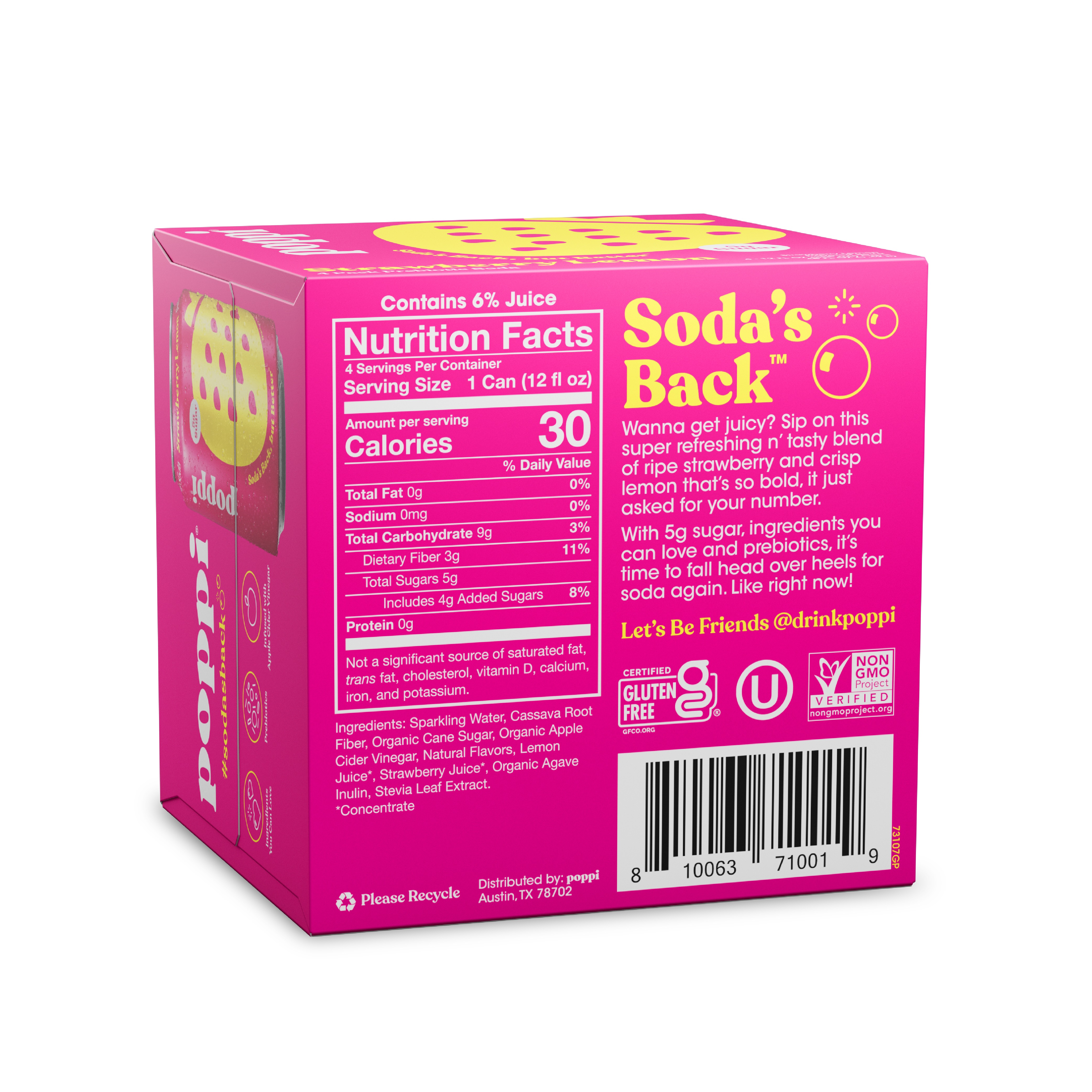 Poppi Strawberry Lemon Prebiotic Soda, 12 oz, 4 Pack Cans thumbnail 2