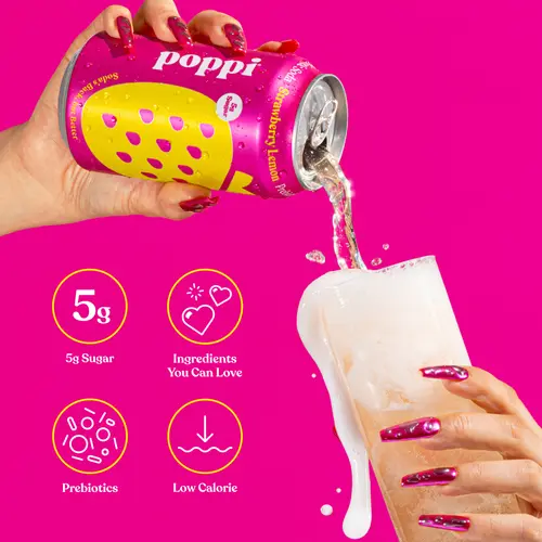 Poppi Strawberry Lemon Prebiotic Soda, 12 oz, 4 Pack Cans thumbnail 4