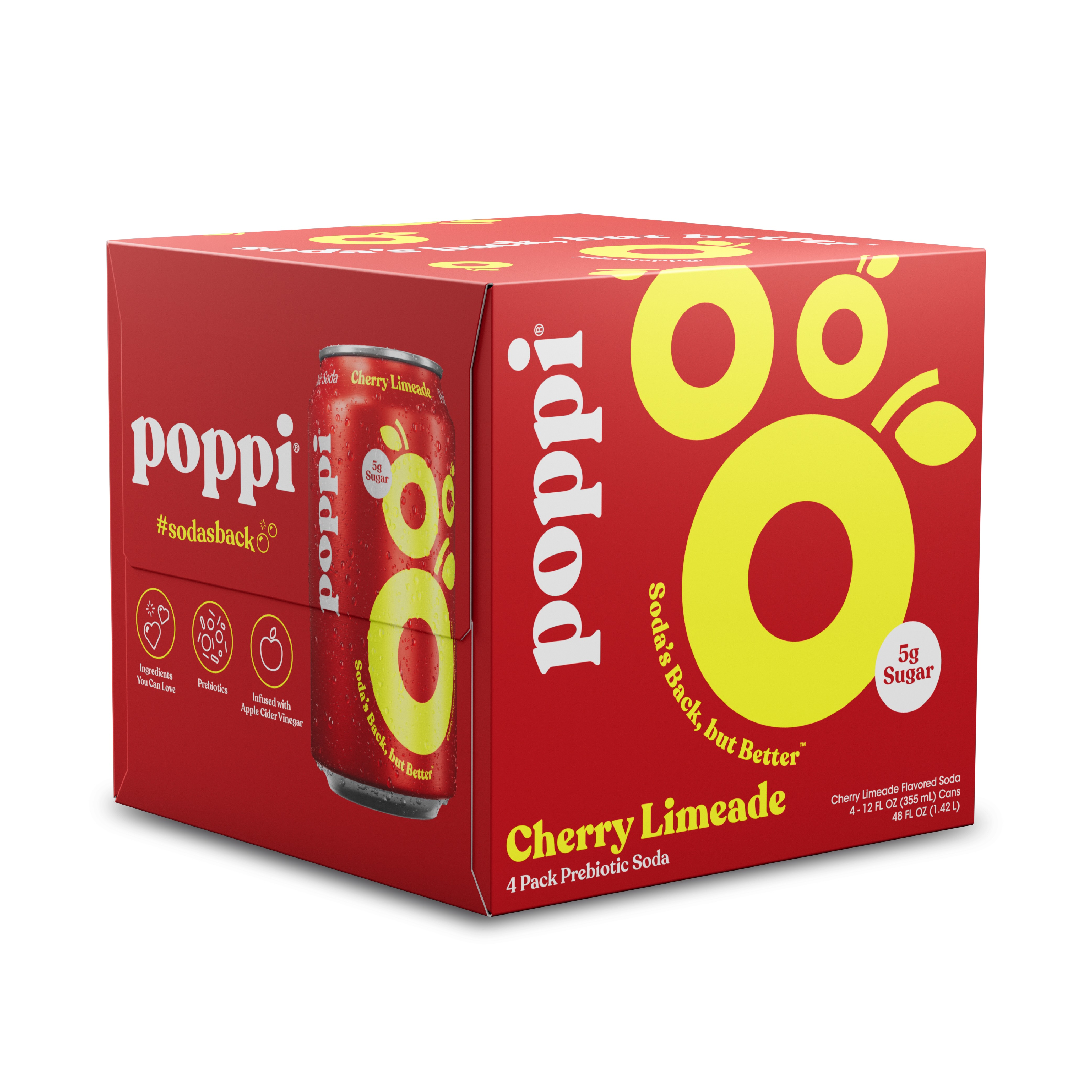 Poppi Cherry Limeade Prebiotic Soda, 12 oz, 4 Pack Cans