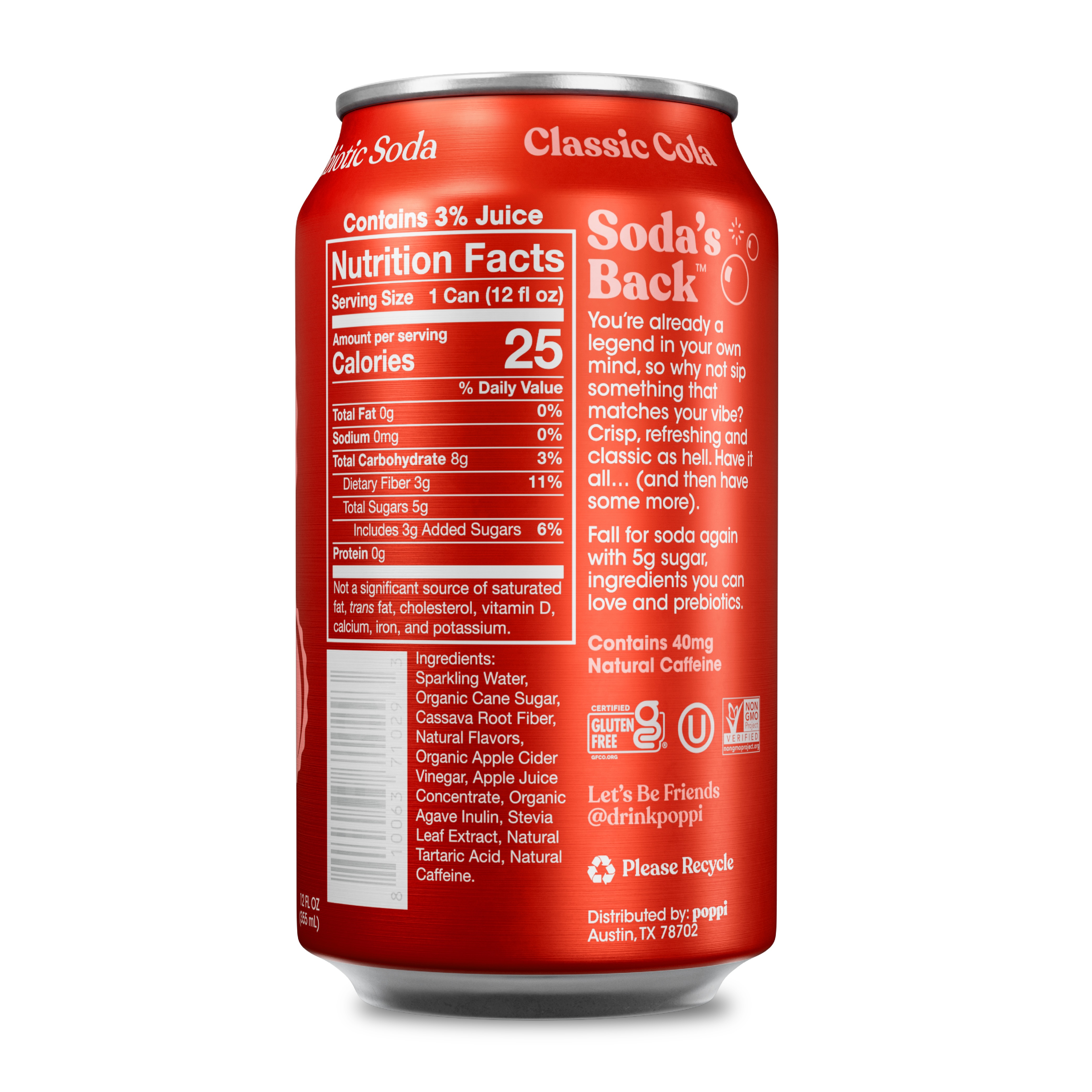 Poppi Classic Cola Prebiotic Soda, 12 oz, 1 Pack Can thumbnail 2