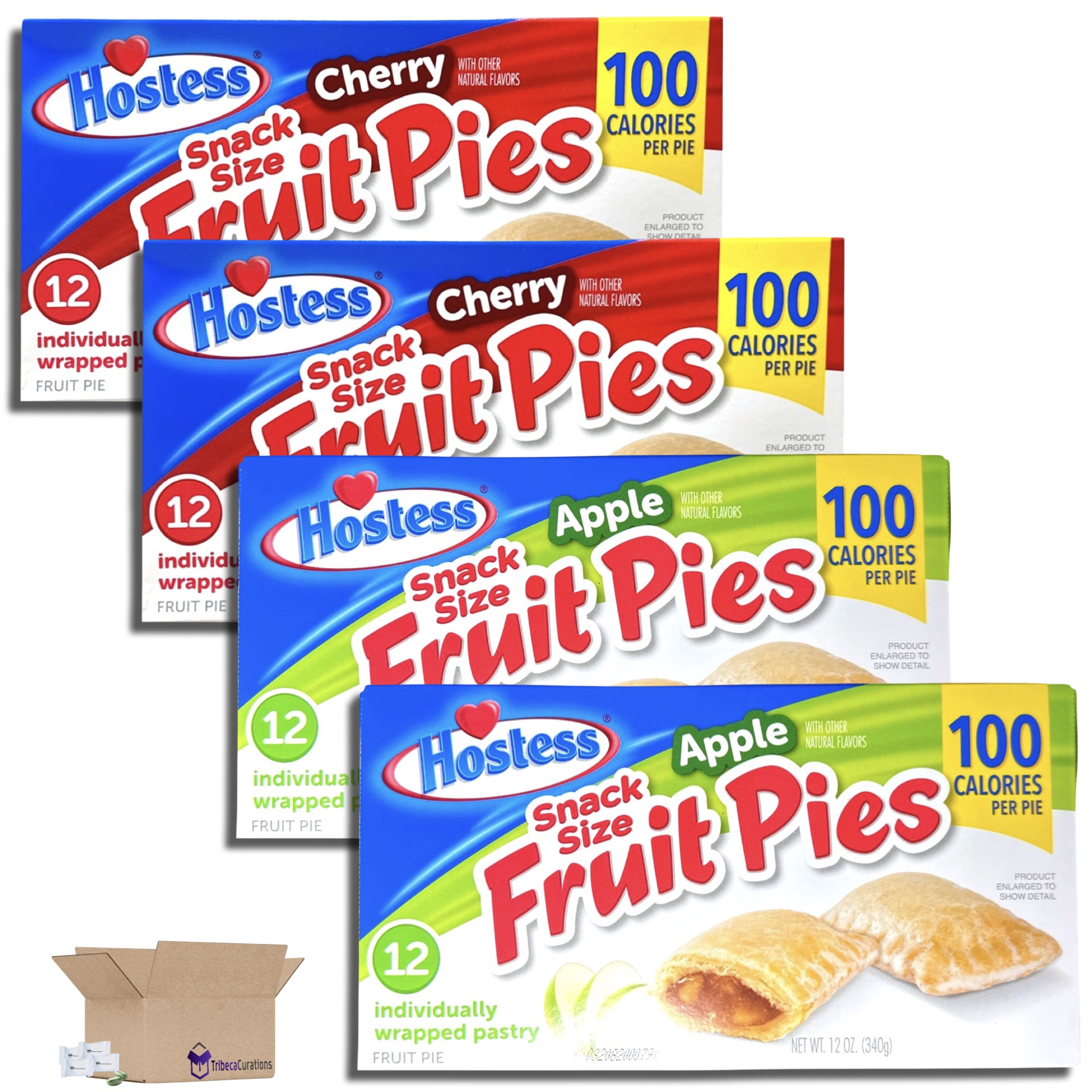 Hostess Snack Size 100 Calorie Mini Fruit Pies | 12 Count Box | Apple & Cherry Combo | Pack of 4