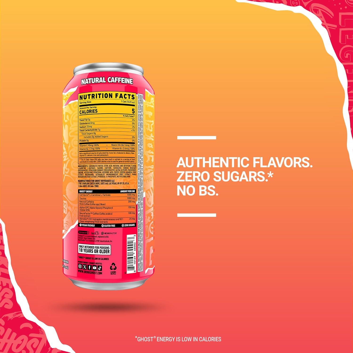 GHOSTÂ® ENERGY Zero Sugars Energy Drink, Strawbango, 200mg Natural Caffeine, 16 fl oz Can thumbnail 3