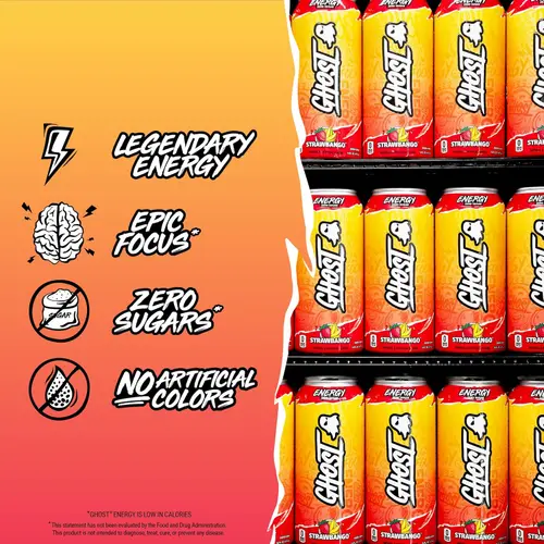 GHOSTÂ® ENERGY Zero Sugars Energy Drink, Strawbango, 200mg Natural Caffeine, 16 fl oz Can thumbnail 4