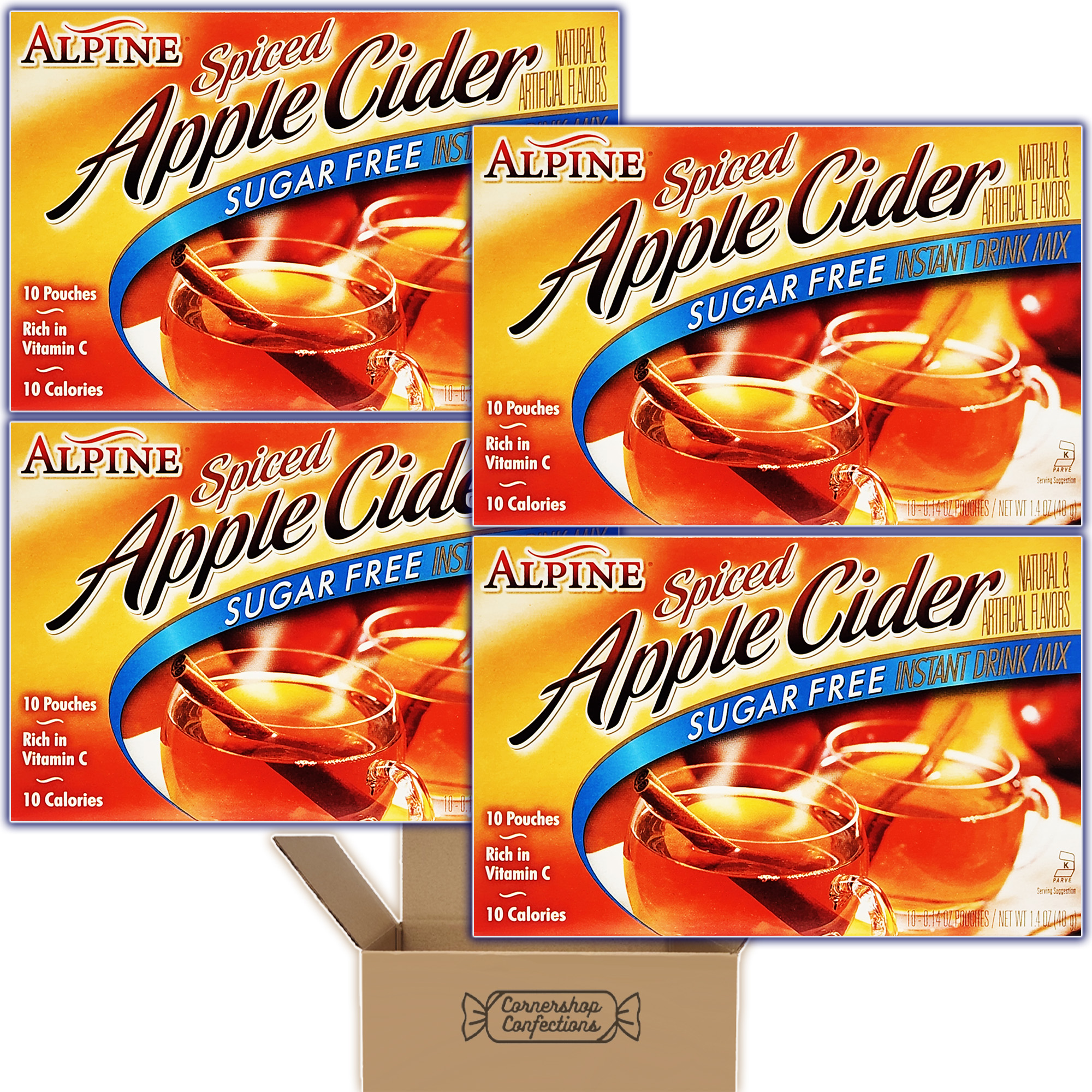 Alpine Sugar Free Spiced Apple Cider Instant Drink Mix Bulk Pack - 4 Boxes, 10 Pouches Per Box - Only 10 Calories - Rich in Vita