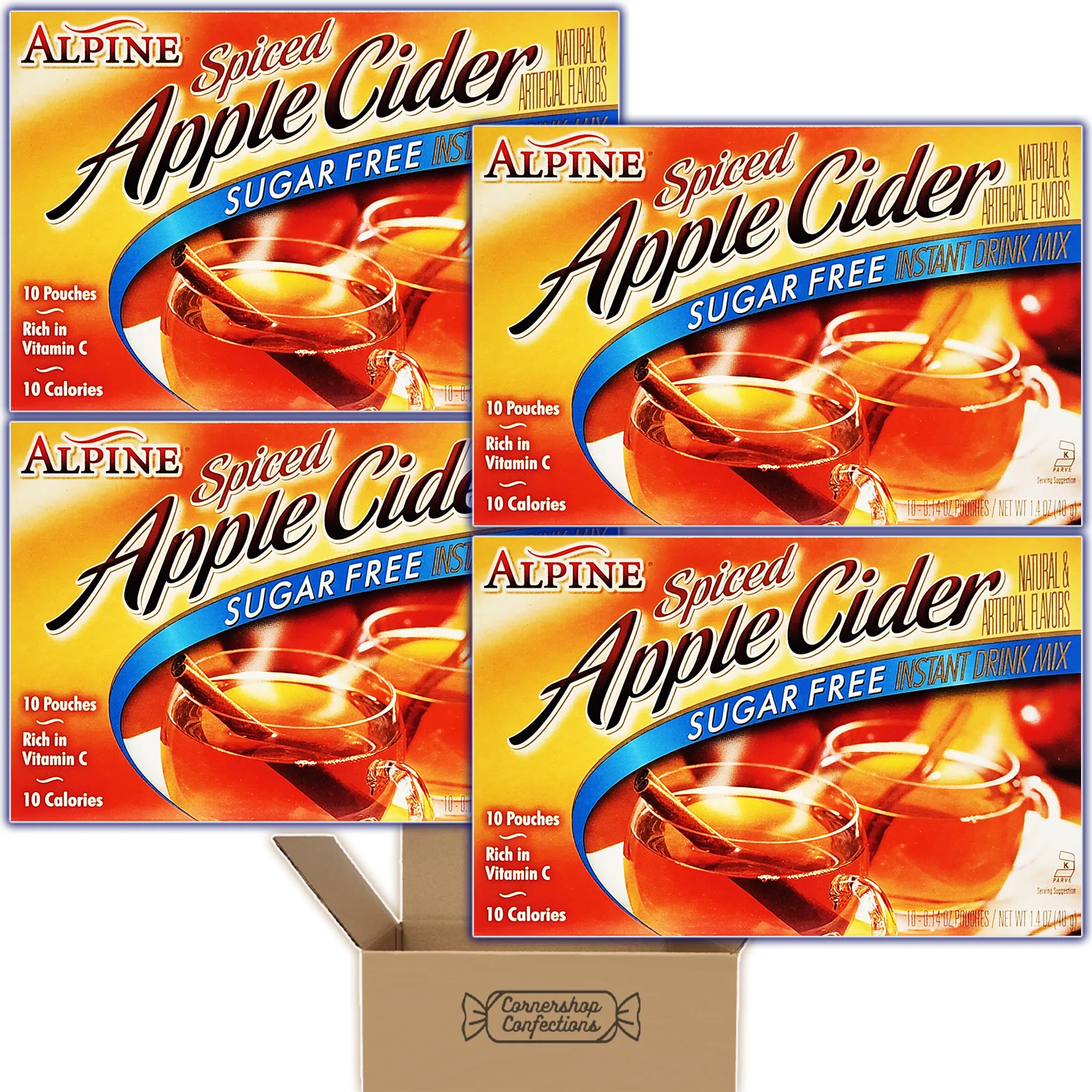 Alpine Sugar Free Spiced Apple Cider Instant Drink Mix Bulk Pack - 4 Boxes, 10 Pouches Per Box - Only 10 Calories - Rich in Vita