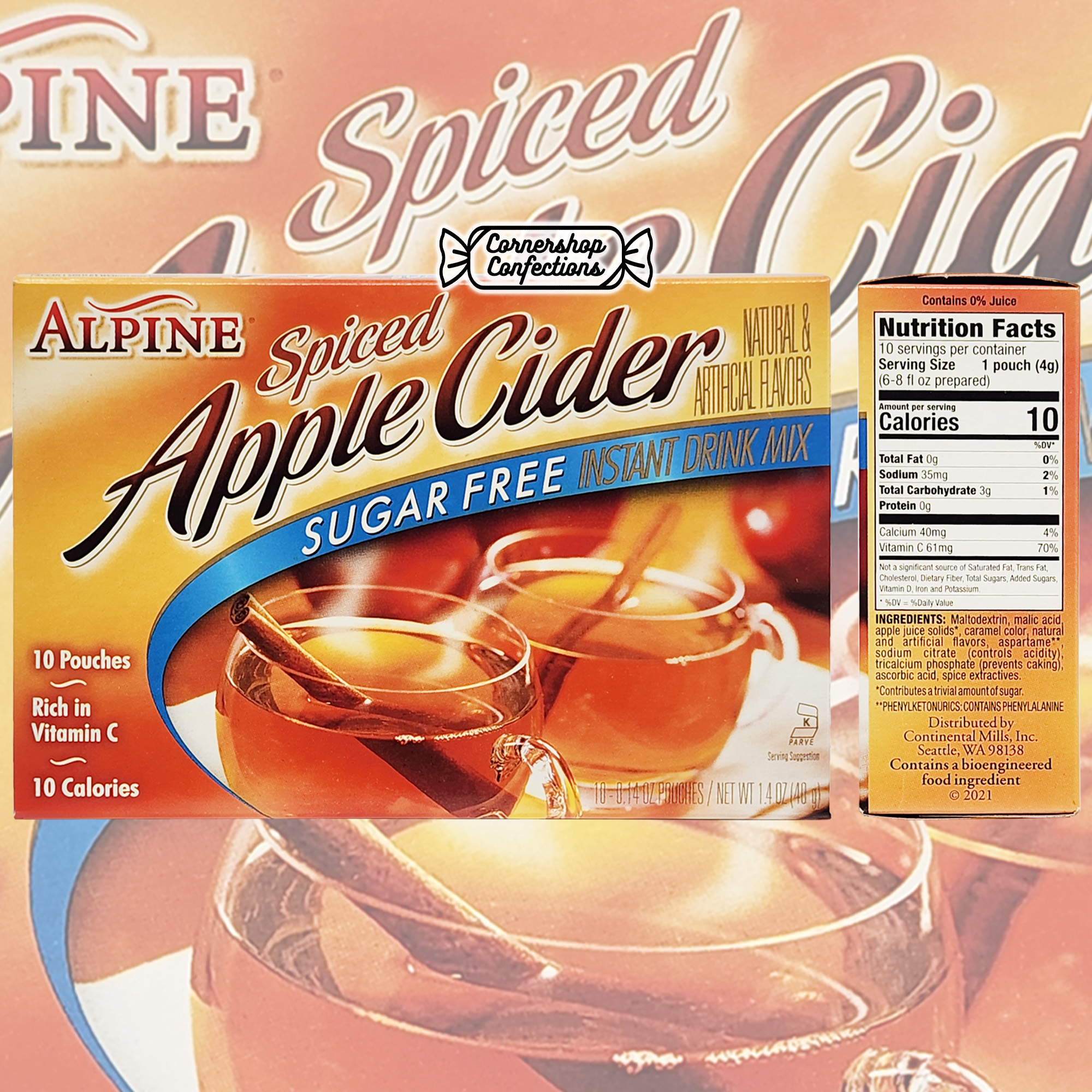 Alpine Sugar Free Spiced Apple Cider Instant Drink Mix Bulk Pack - 4 Boxes, 10 Pouches Per Box - Only 10 Calories - Rich in Vita thumbnail 3