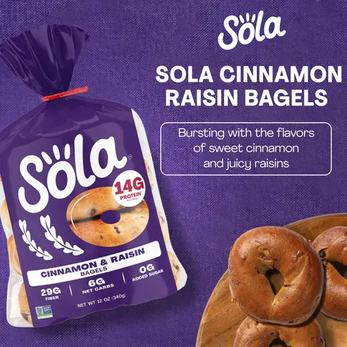 Sola Bread Cinnamon & Raisin Soft Bagels, Non-GMO, 12 oz, 4 Count thumbnail 3