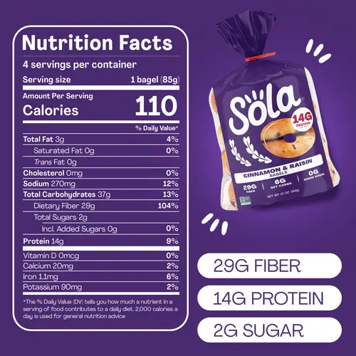 Sola Bread Cinnamon & Raisin Soft Bagels, Non-GMO, 12 oz, 4 Count thumbnail 4