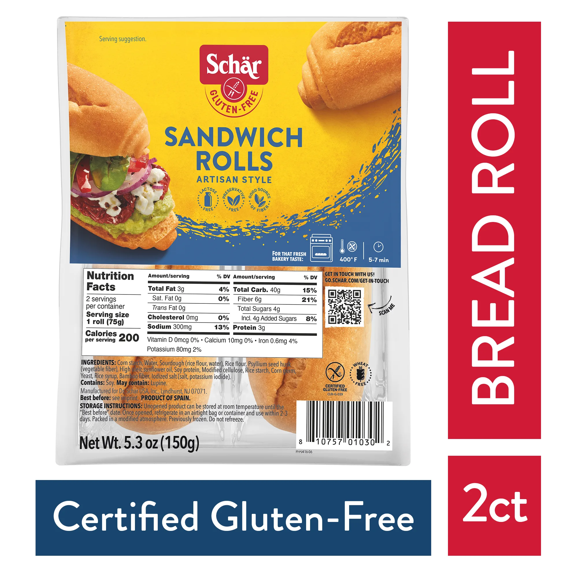 Schar Gluten Free Sandwich Rolls, Artisan Sourdough Bread Rolls, 5.3 oz, 2 Count