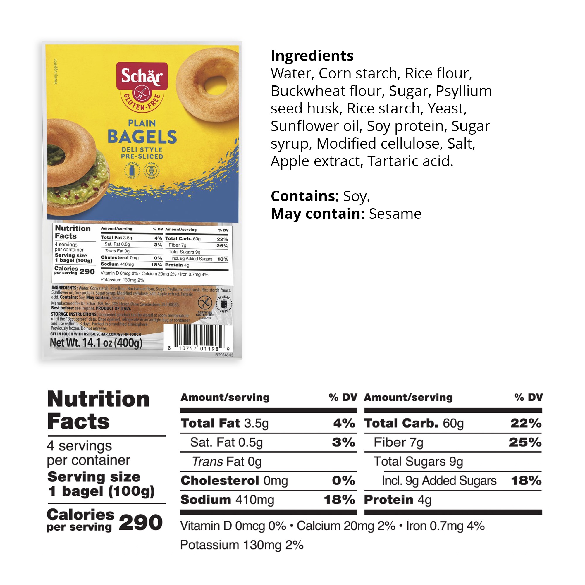 Schar Gluten Free classic and chewy Pre-Sliced Plain Bagels, 14.1 oz thumbnail 3