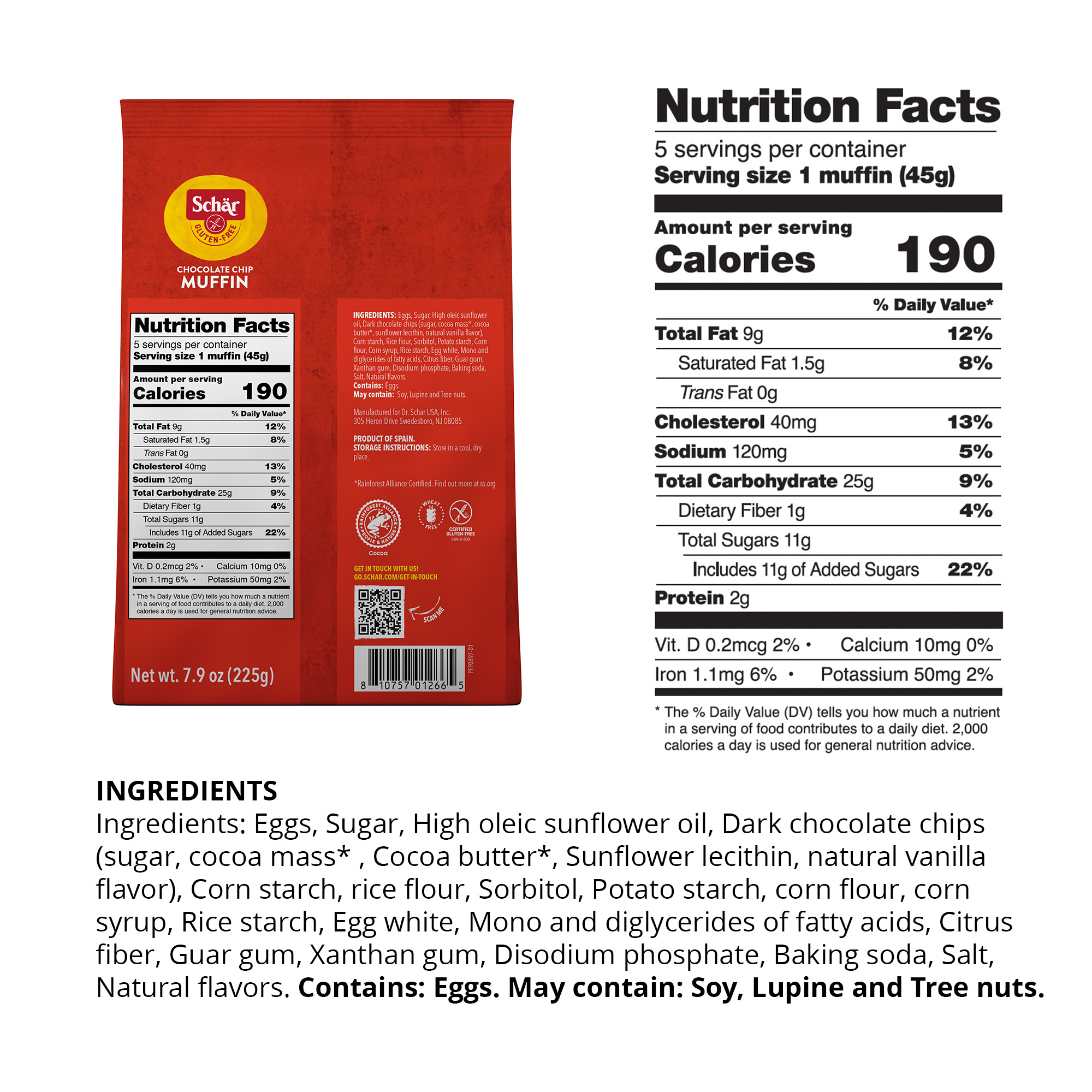 Schar Gluten-Free Chocolate Chip Muffins, Soft Texture, 7.9 oz (5 Count) thumbnail 3