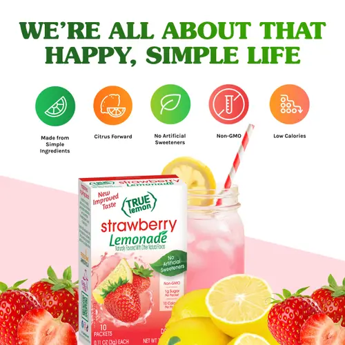 True Lemon Strawberry Lemonade Drink Mix Powder, No Artificial Sweeteners, 1.06 oz., 10 Count Box thumbnail 2