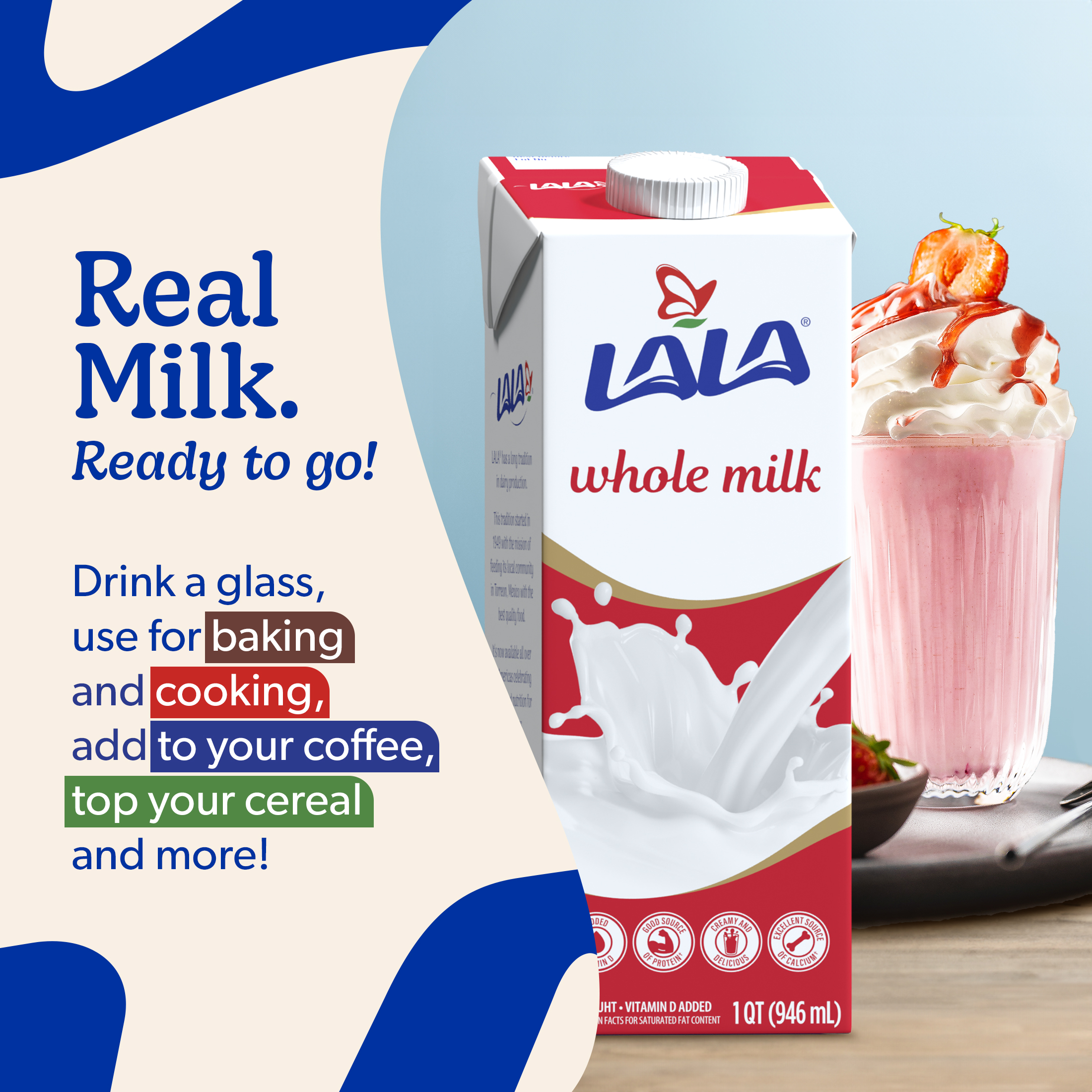 LALA Whole Milk UHT Shelf-Stable, Unflavored, 32 oz Box thumbnail 3