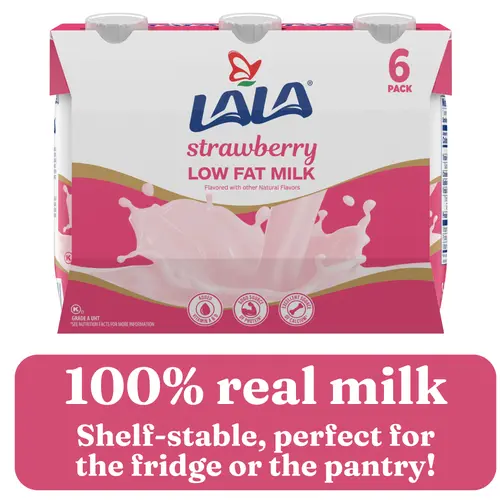 LALA Low Fat Shelf-Stable UHT Milk Drink, Strawberry, 8.25 oz Carton Container (6 Ct)