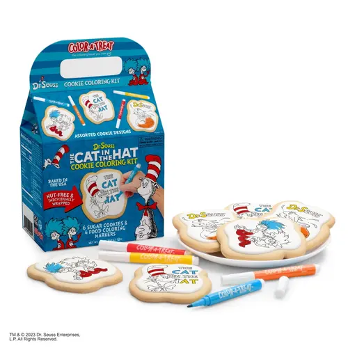 Dr. Seuss Cat in the Hat Cookie Coloring Kit by Color-a-Treat, 12 oz, Includes 6 Baked Sugar Cookies and 4 Food Coloring Markers