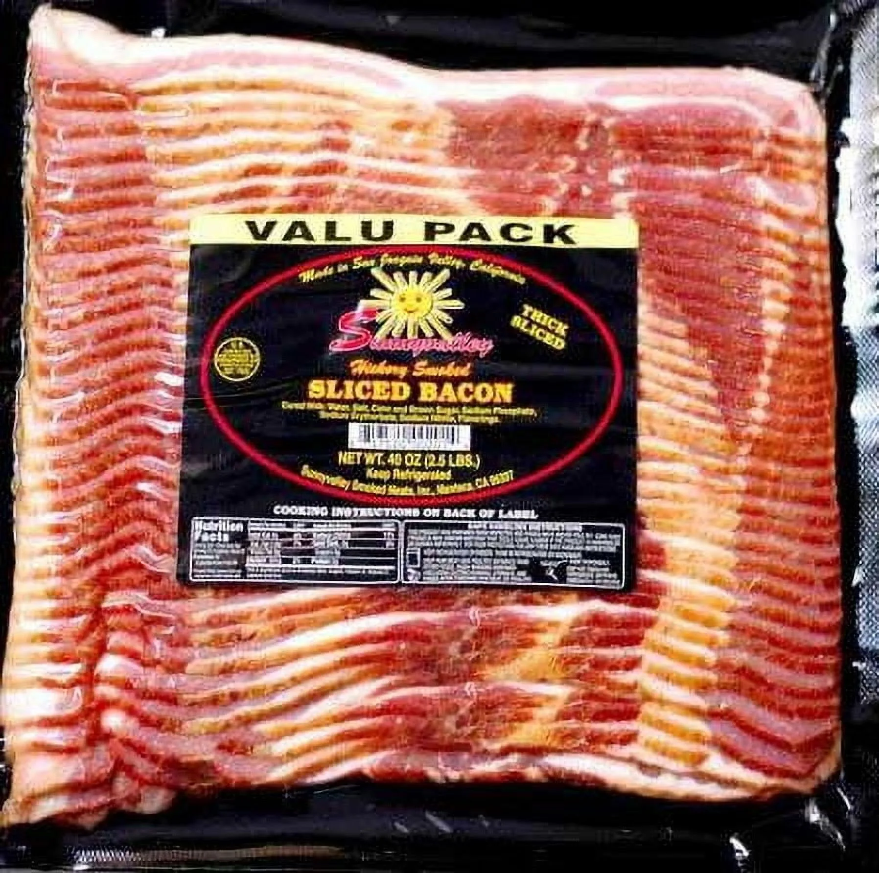 Sunnyvalley Fresh Hickory Smoked Pork Bacon, 40 oz, Vacuum Sealed in Plastic, Ready to Cook