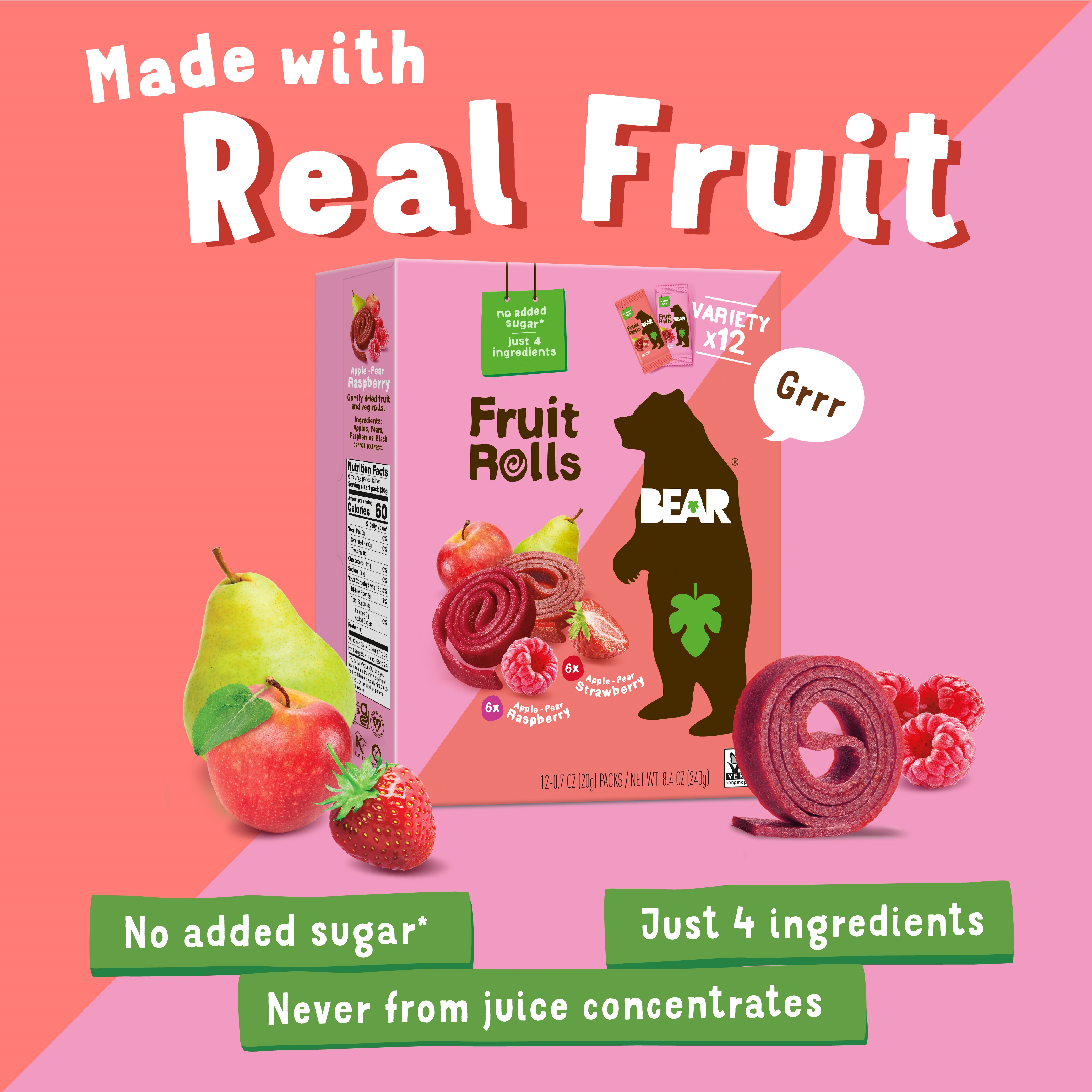 BEAR Fruit Rolls Variety Pack Straw/Rasp 8.4oz, 12 count thumbnail 3