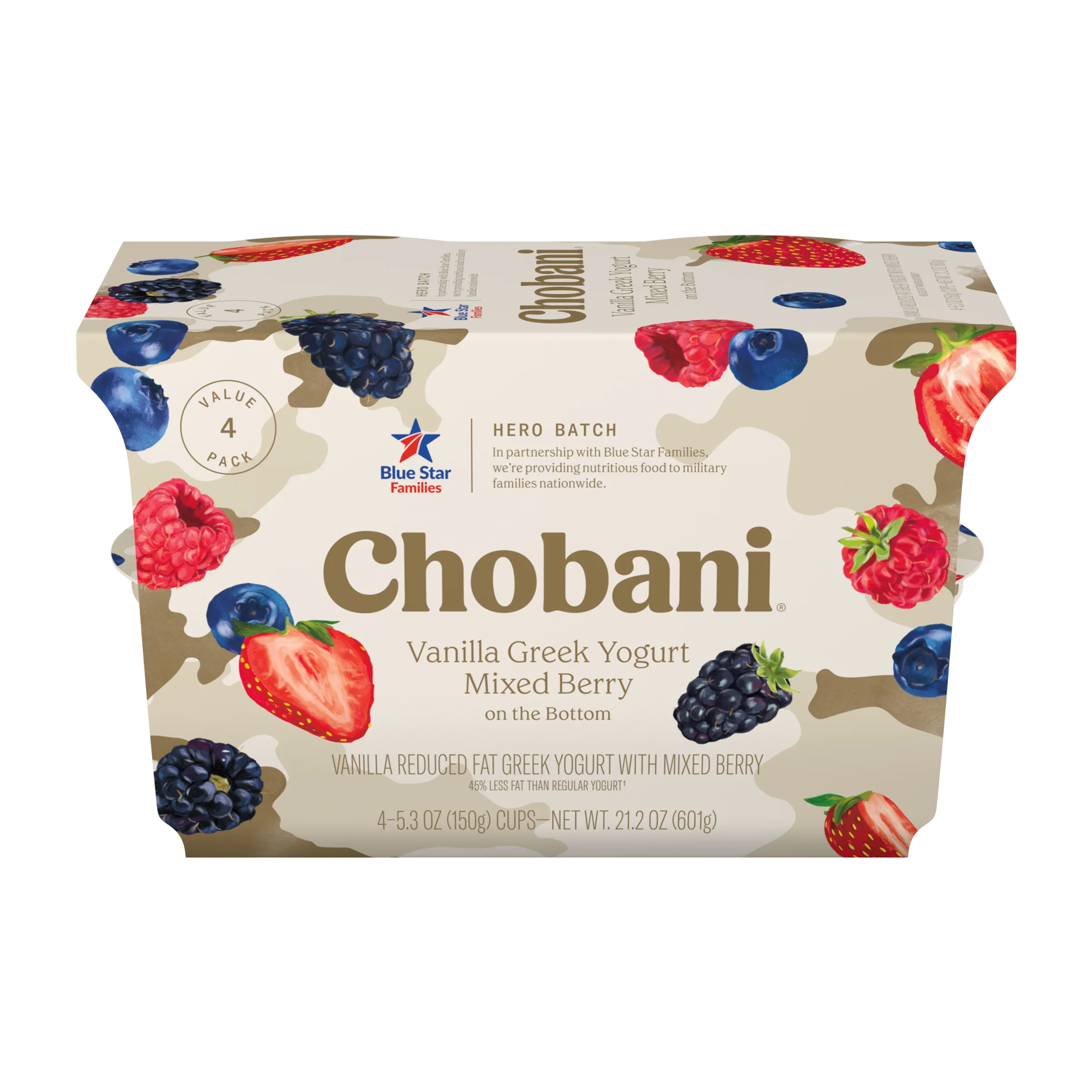 Chobani Low-Fat Vanilla Greek Yogurt Mixed Berry On The Bottom, Hero Batch 5.3oz 4PK