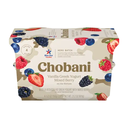 Chobani Low-Fat Vanilla Greek Yogurt Mixed Berry On The Bottom, Hero Batch 5.3oz 4PK