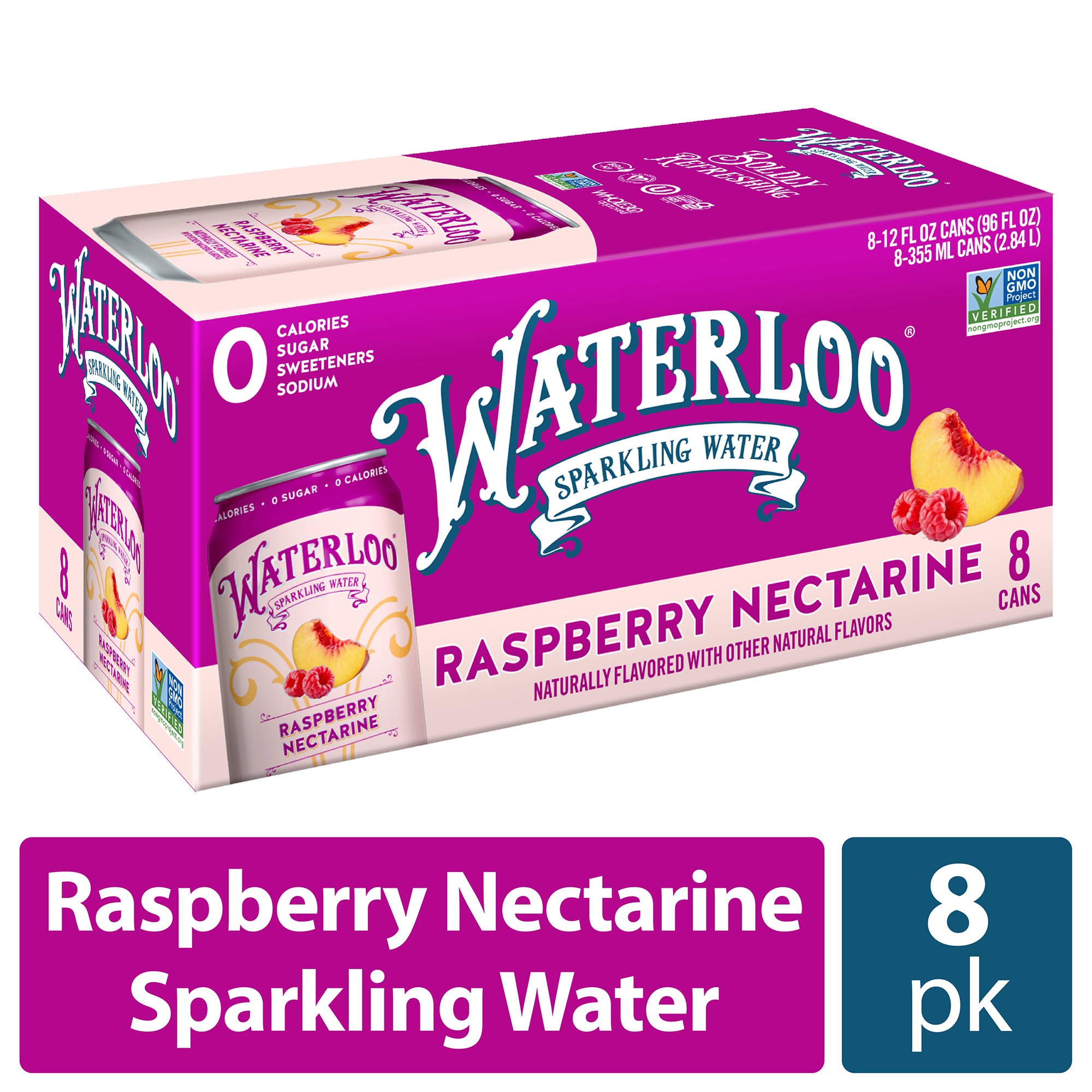 Waterloo Sparkling Water, Raspberry Nectarine, 12 fl oz, 8 Pack Cans