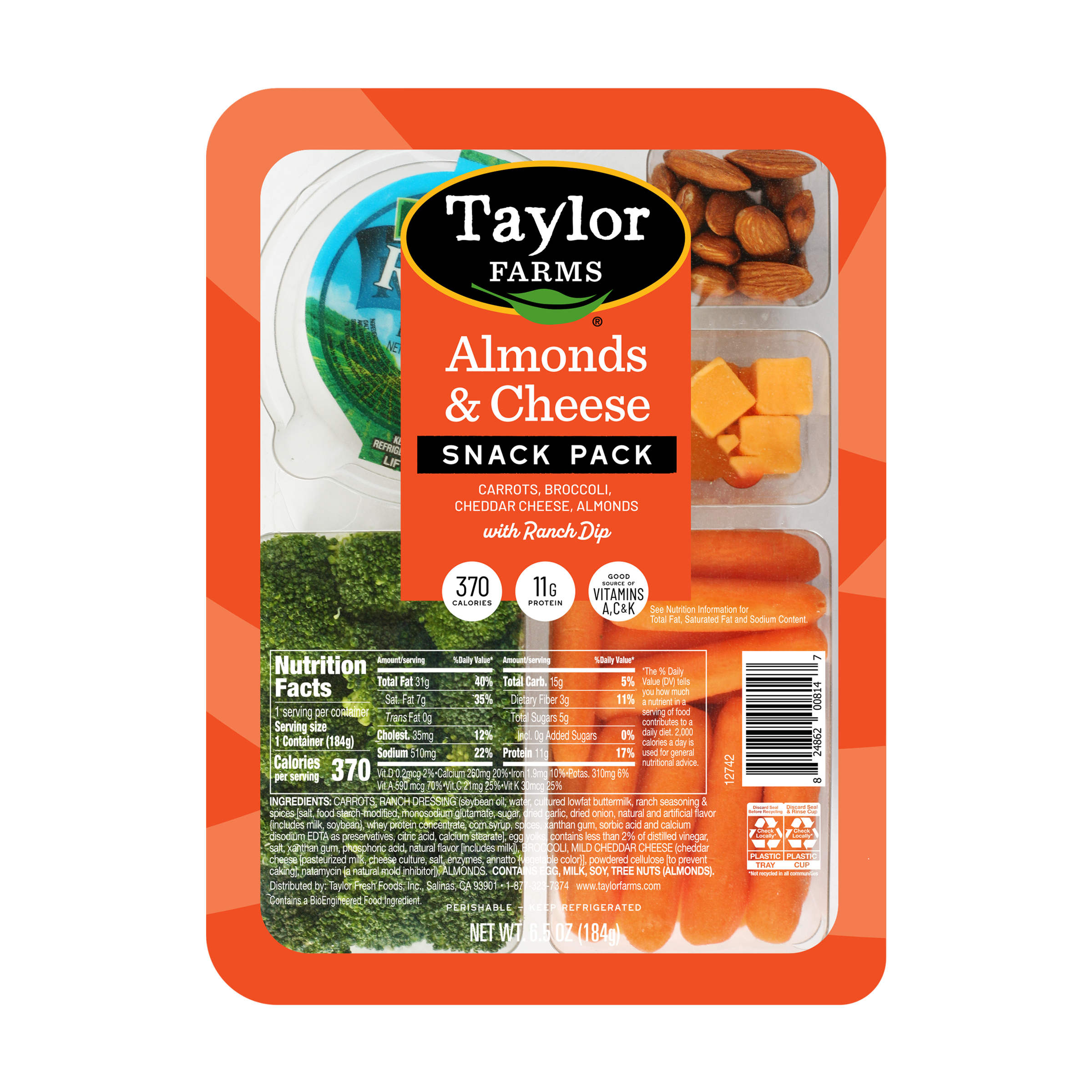Taylor Farms Almonds & Cheese Snack Pack, 6.5 oz Tray