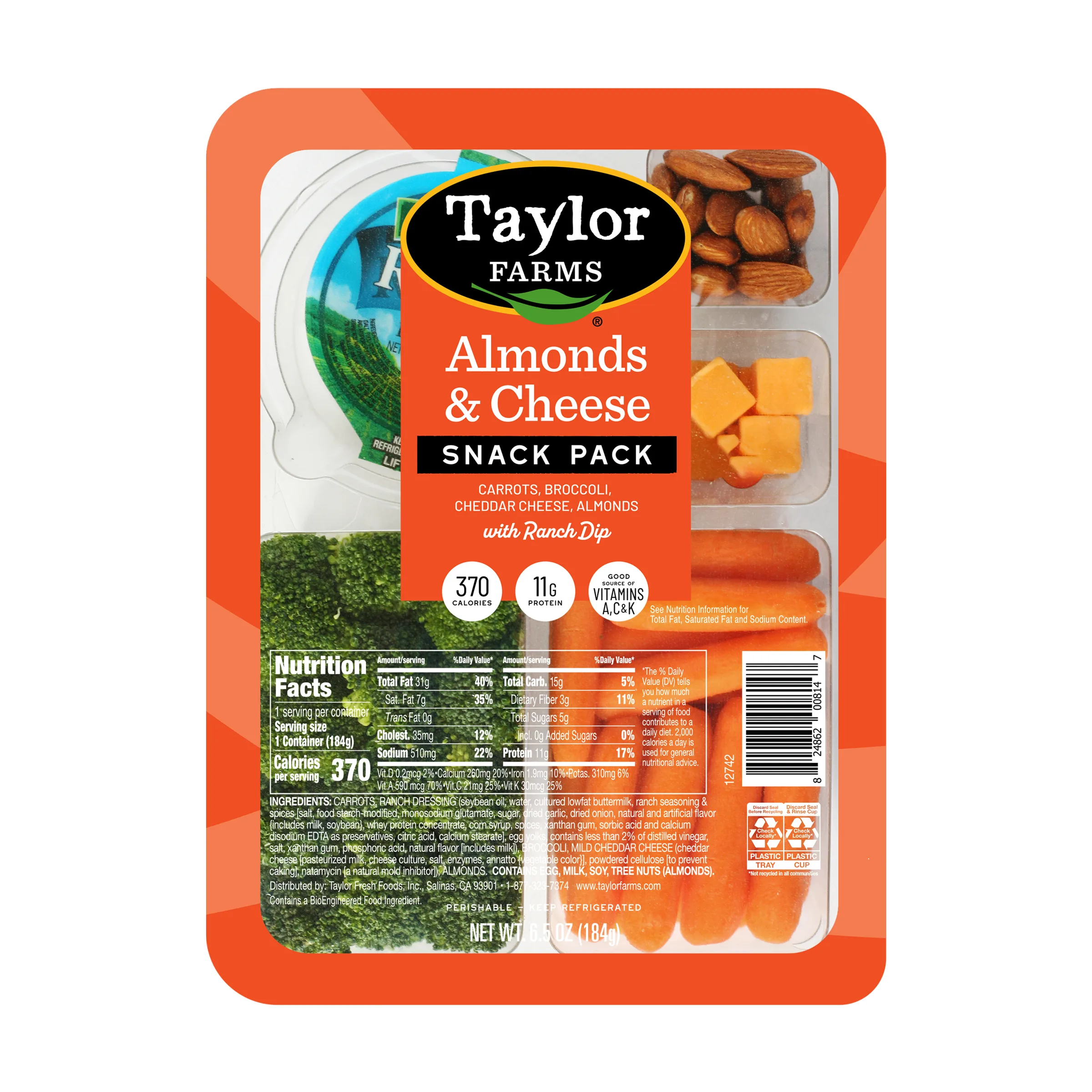Taylor Farms Almonds & Cheese Snack Pack, 6.5 oz Tray