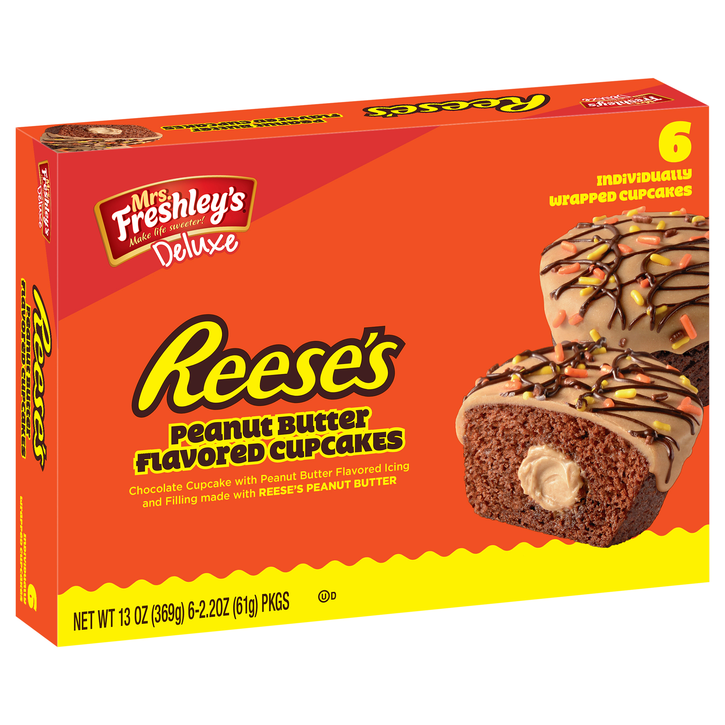 Mrs. Freshley's Deluxe Reese's Peanut Butter Cupcakes, 6 Individually Wrapped Snack Cakes,Pack Of 1 Shelf-Stable.